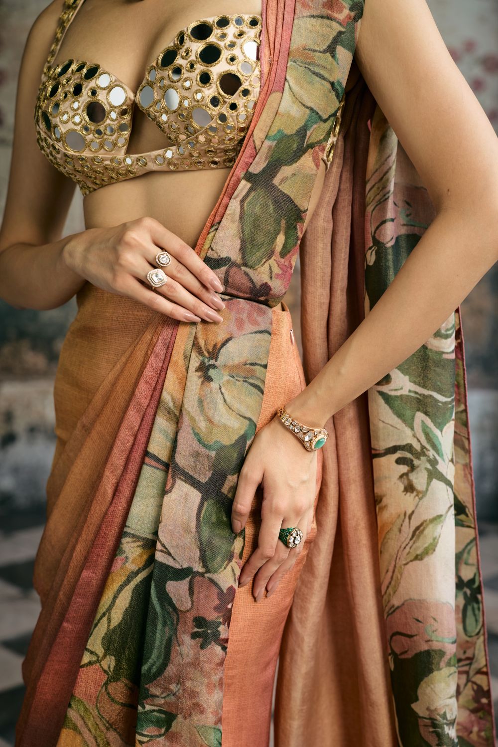 Iranya Hand Embroidered Mirror Blouse and Floral Tissue Pre-Drape Saree Set