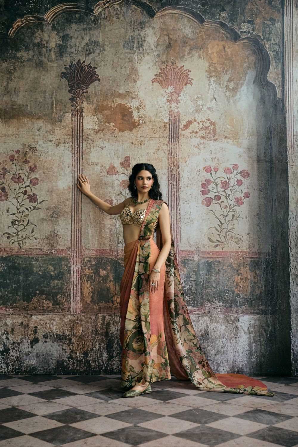 Iranya Hand Embroidered Mirror Blouse and Floral Tissue Pre-Drape Saree Set