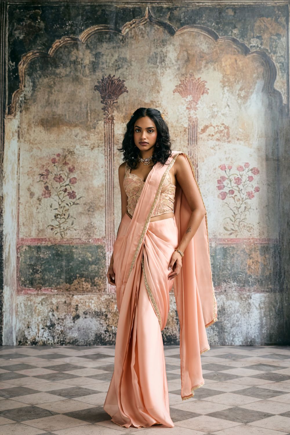Lehar Peach Satin Georgette and Banarasi Brocade Corset Saree Set
