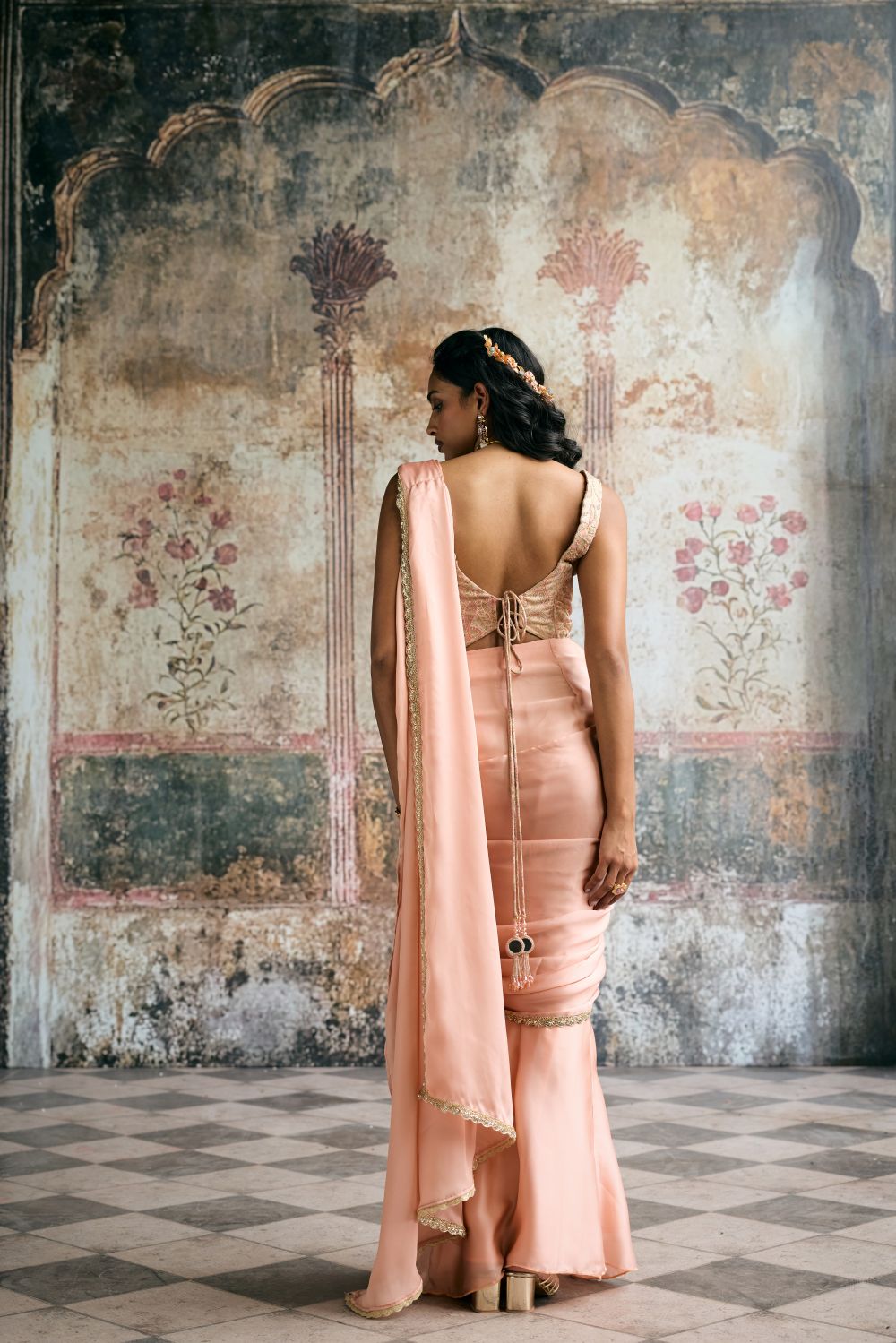 Lehar Peach Satin Georgette and Banarasi Brocade Corset Saree Set