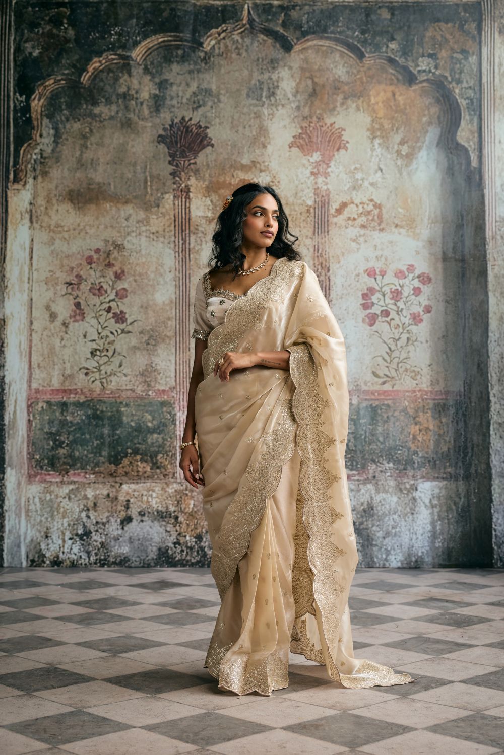 Aarzoo Champagne Silk Tissue Hand Embroidered Blouse