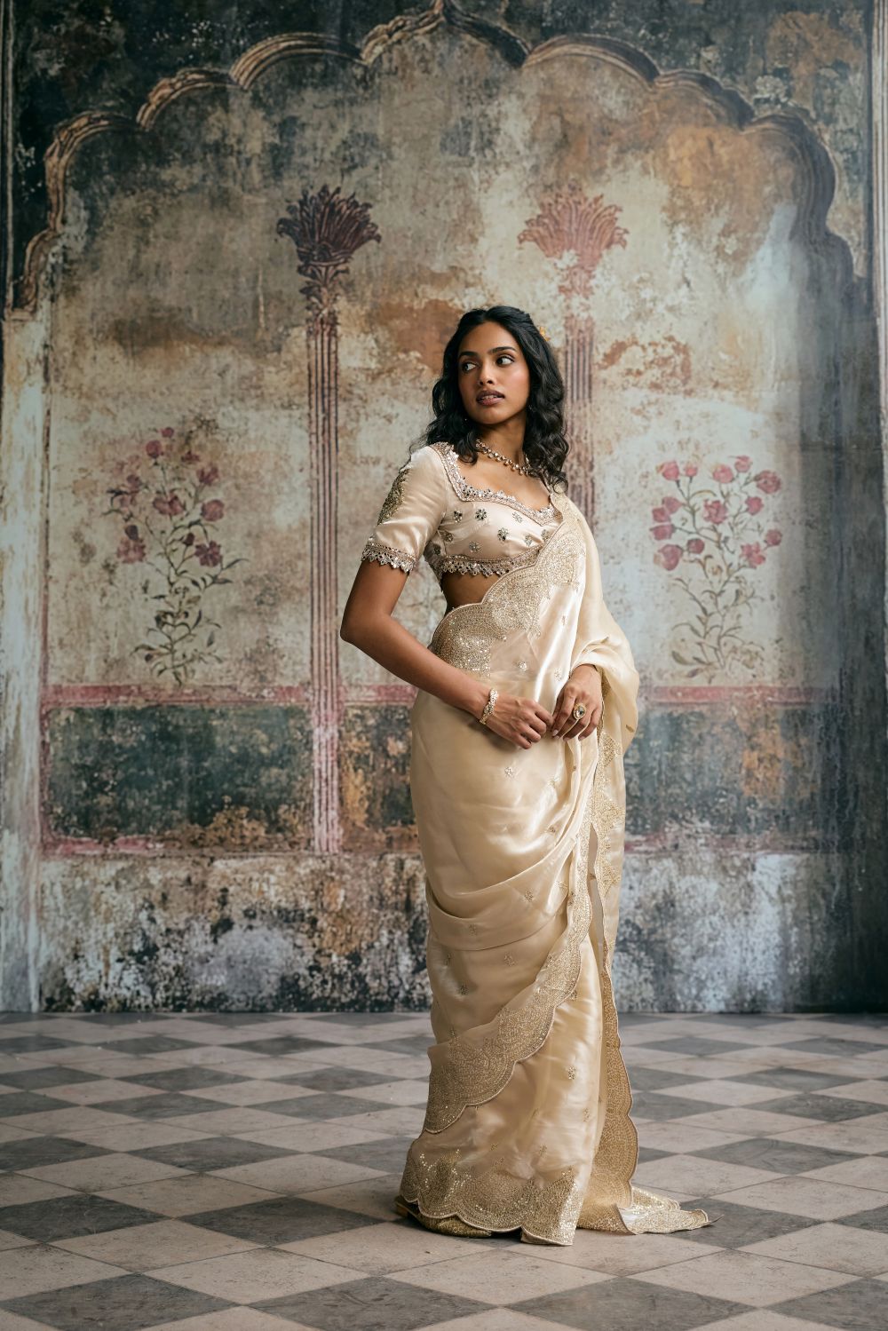 Aarzoo Champagne Silk Tissue Hand Embroidered Blouse