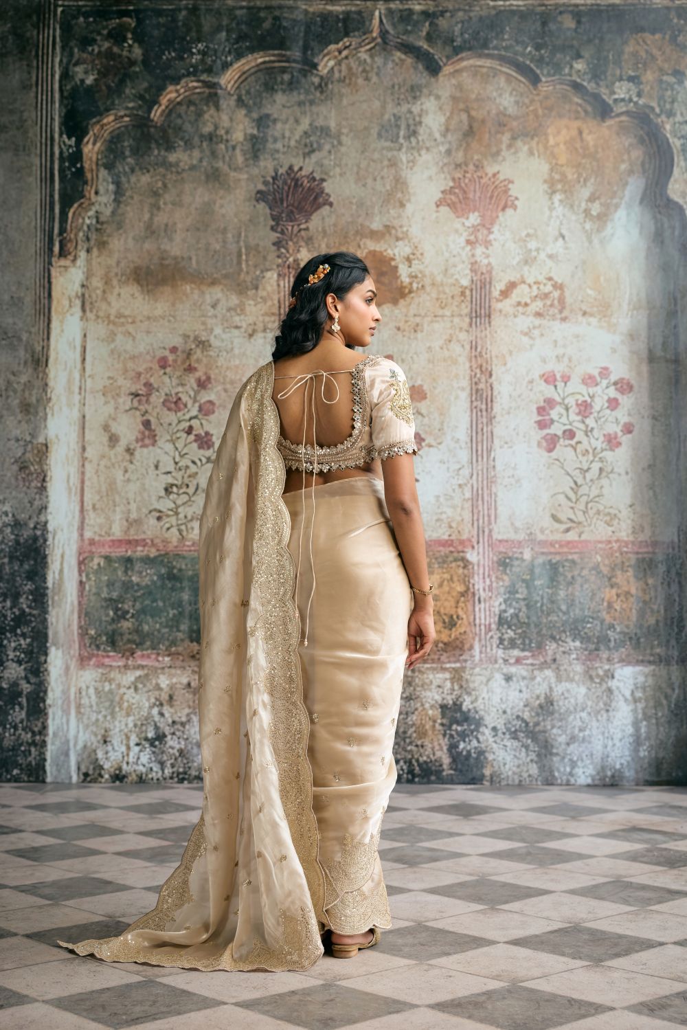 Aarzoo Champagne Silk Tissue Hand Embroidered Blouse