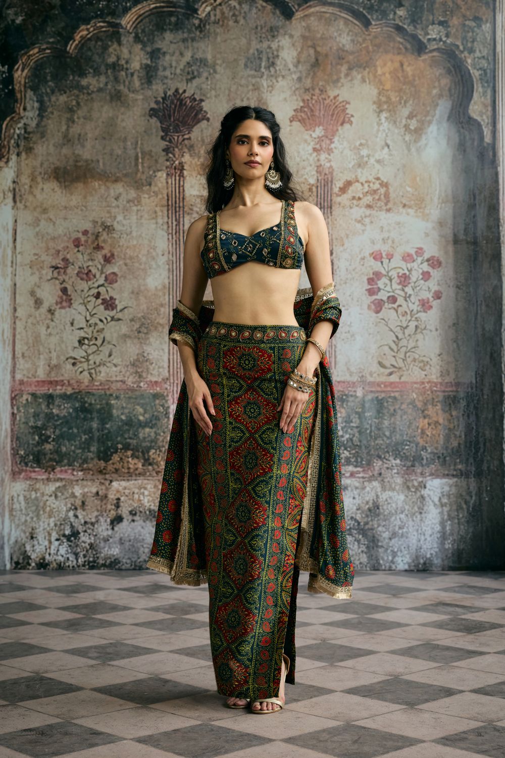 Kavya Green Ajrakh Hand Embroidered Coord Set