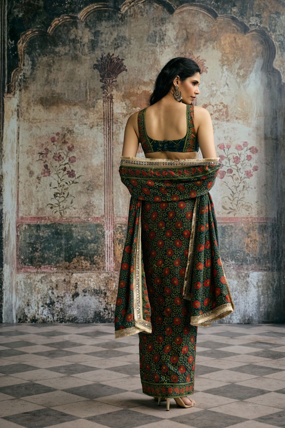 Kavya Green Ajrakh Hand Embroidered Coord Set