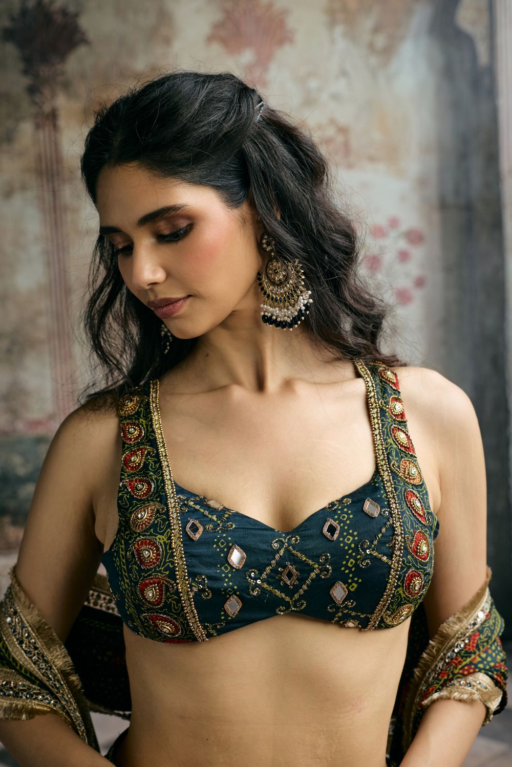 Kavya Green Ajrakh Hand Embroidered Coord Set