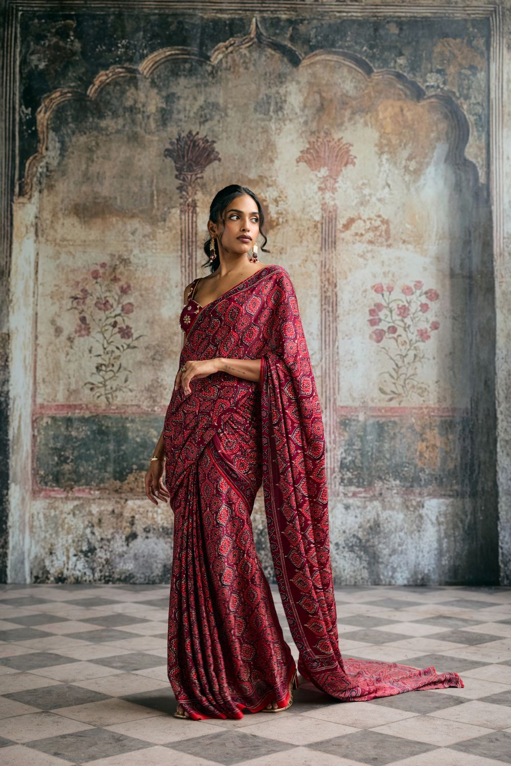 Meira Ajrakh Print Embroidered Pre-Draped Saree Set