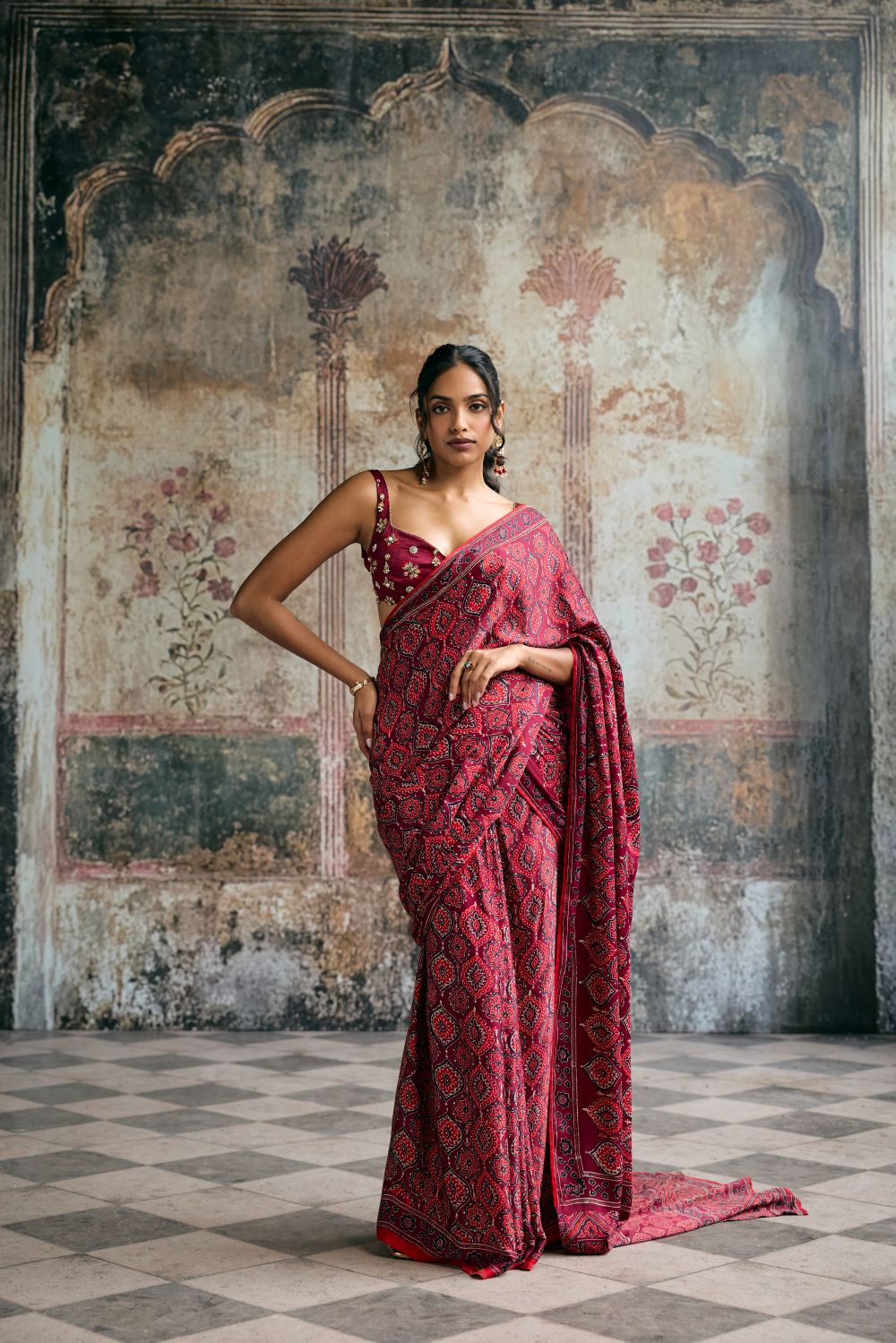 Meira Ajrakh Print Embroidered Pre-Draped Saree Set