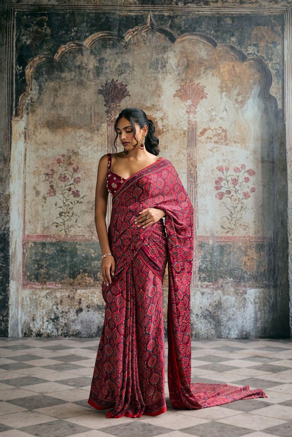 Meira Ajrakh Print Embroidered Pre-Draped Saree Set