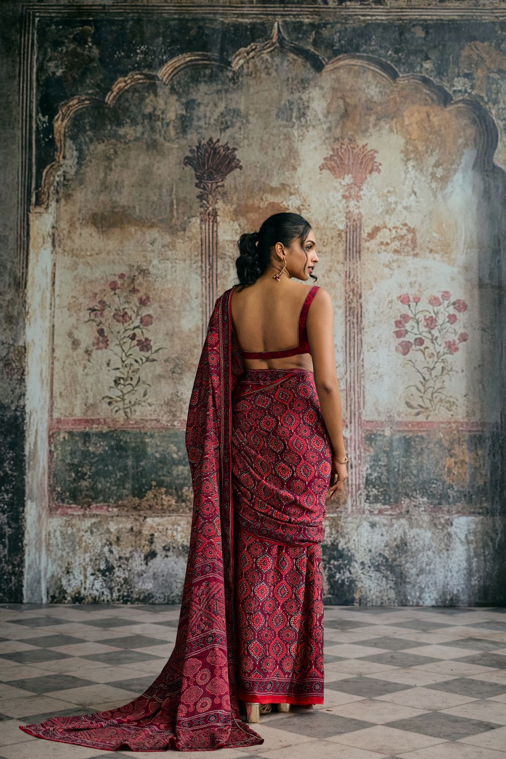 Meira Ajrakh Print Embroidered Pre-Draped Saree Set