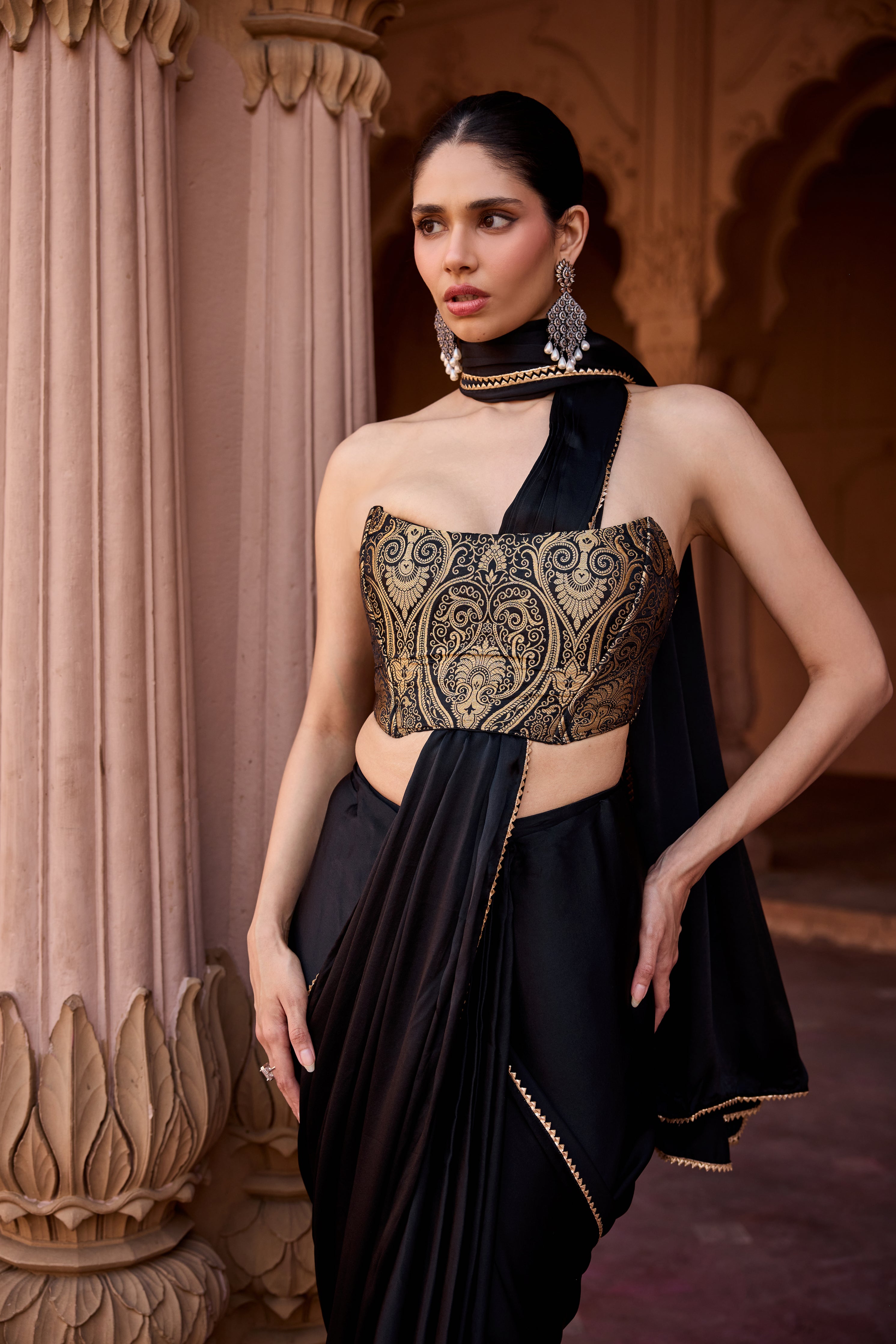 Kanza Black and Gold Pre-Stiched Saree