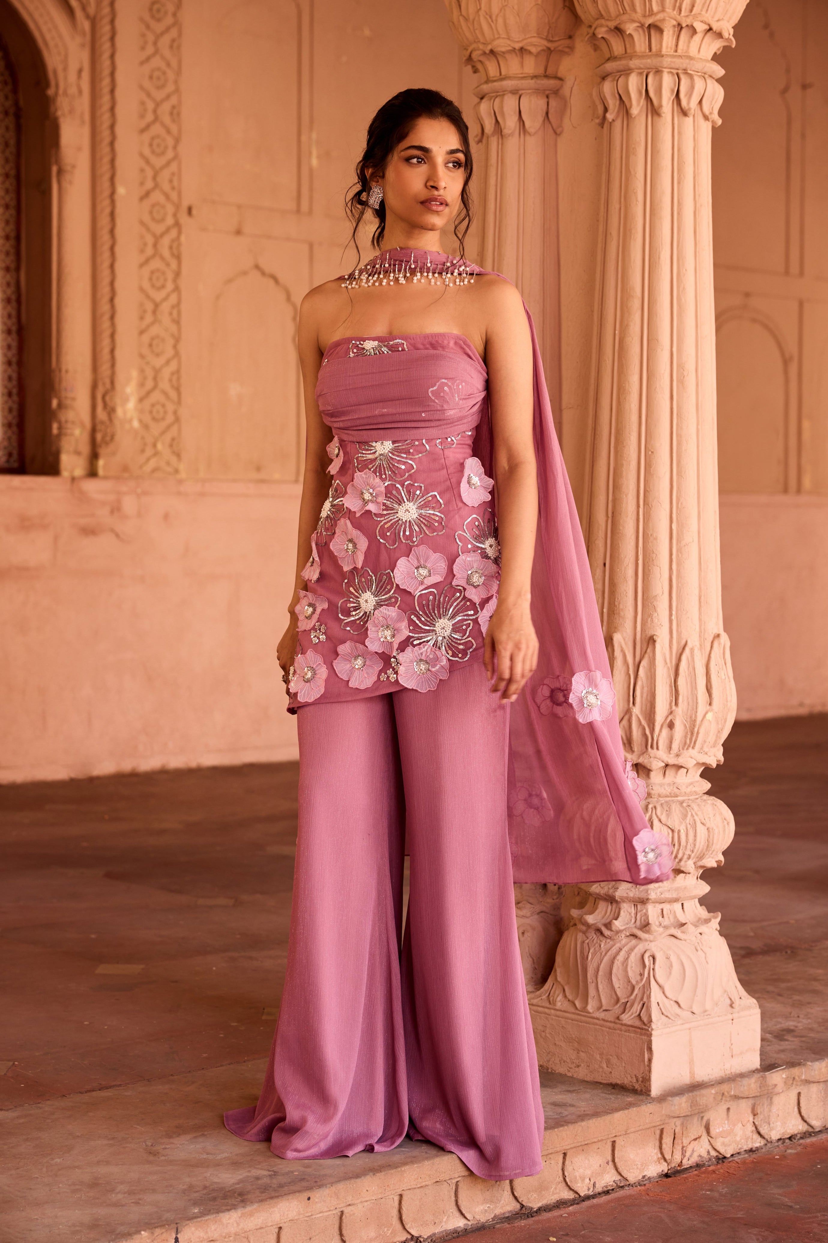 Nakhat Pink 3D Flower Embroidered Sleeveless Sharara Set