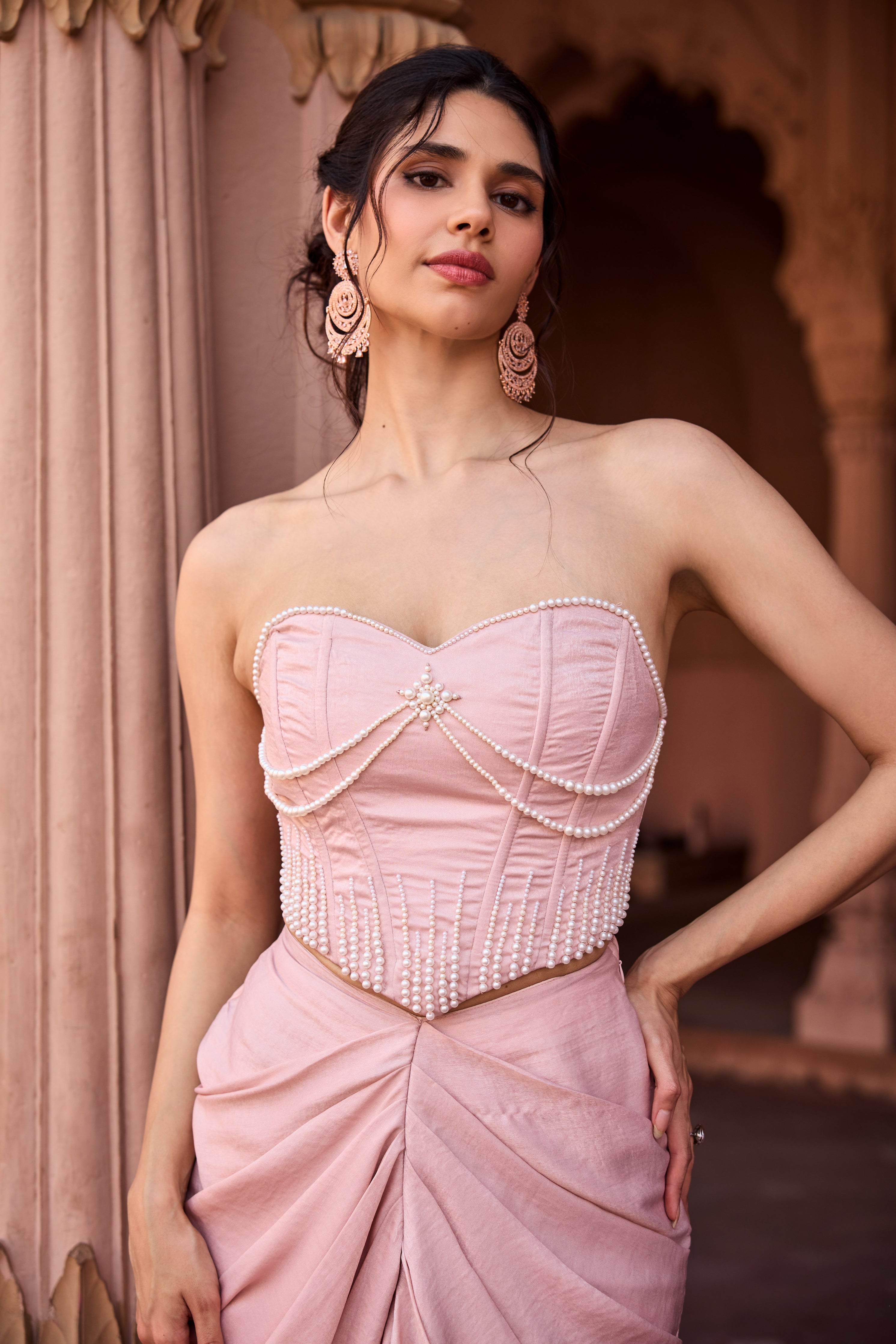 Misha Baby Pink Satin Coord Set with Lavender Embroidered Cape