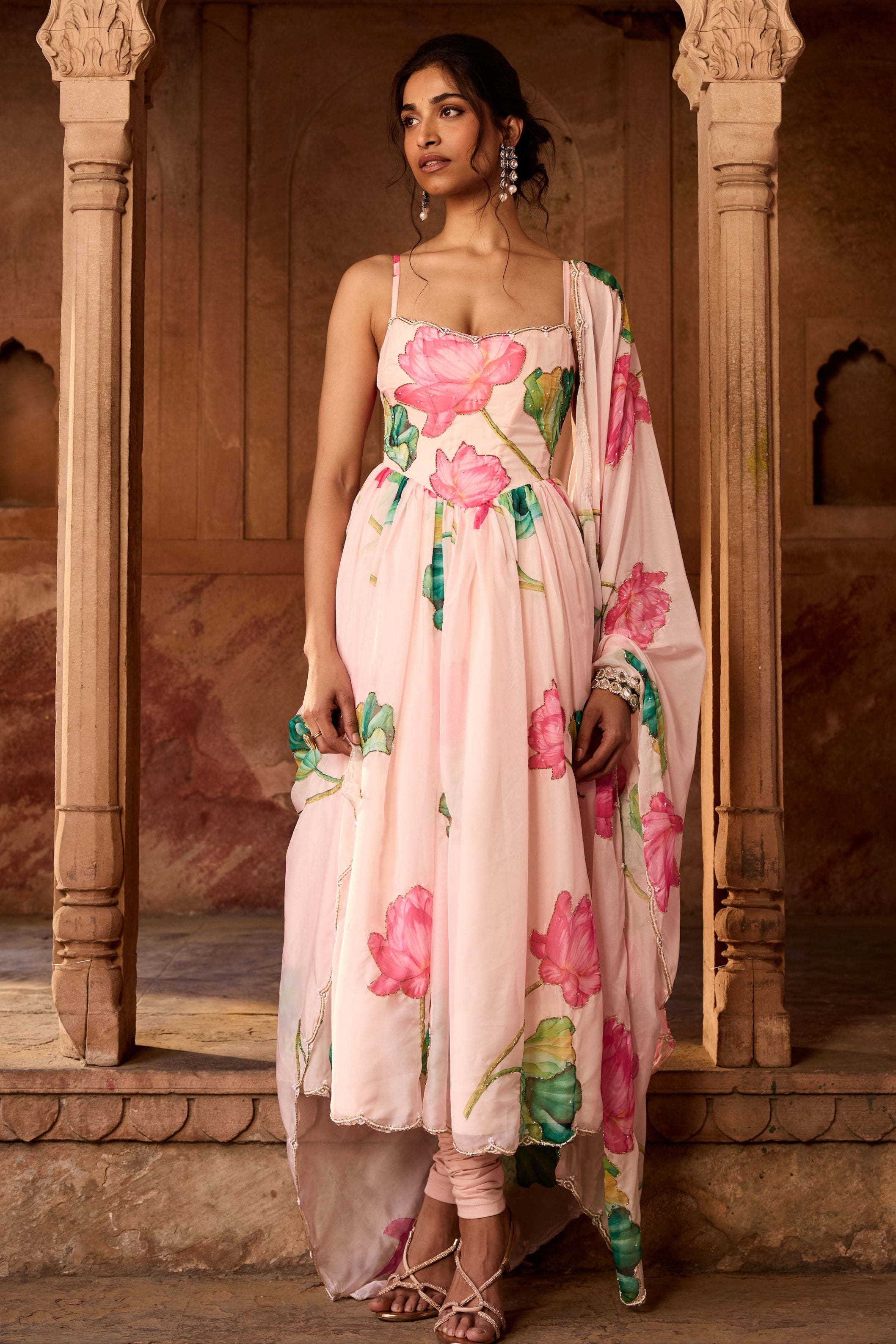 Ziya Pink Floral Printed Corset Anarkali Suit