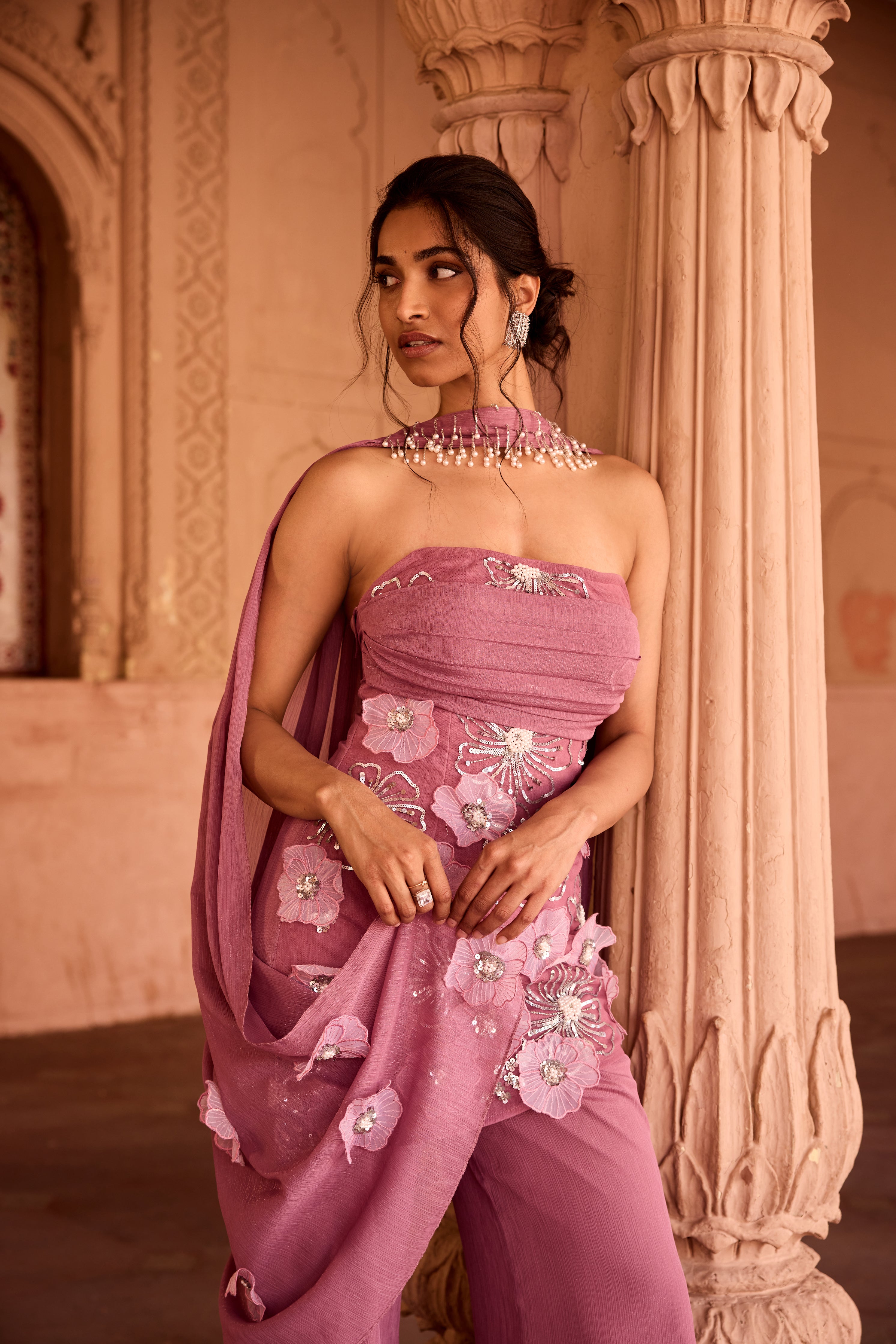 Nakhat Pink 3D Flower Embroidered Sleeveless Sharara Set