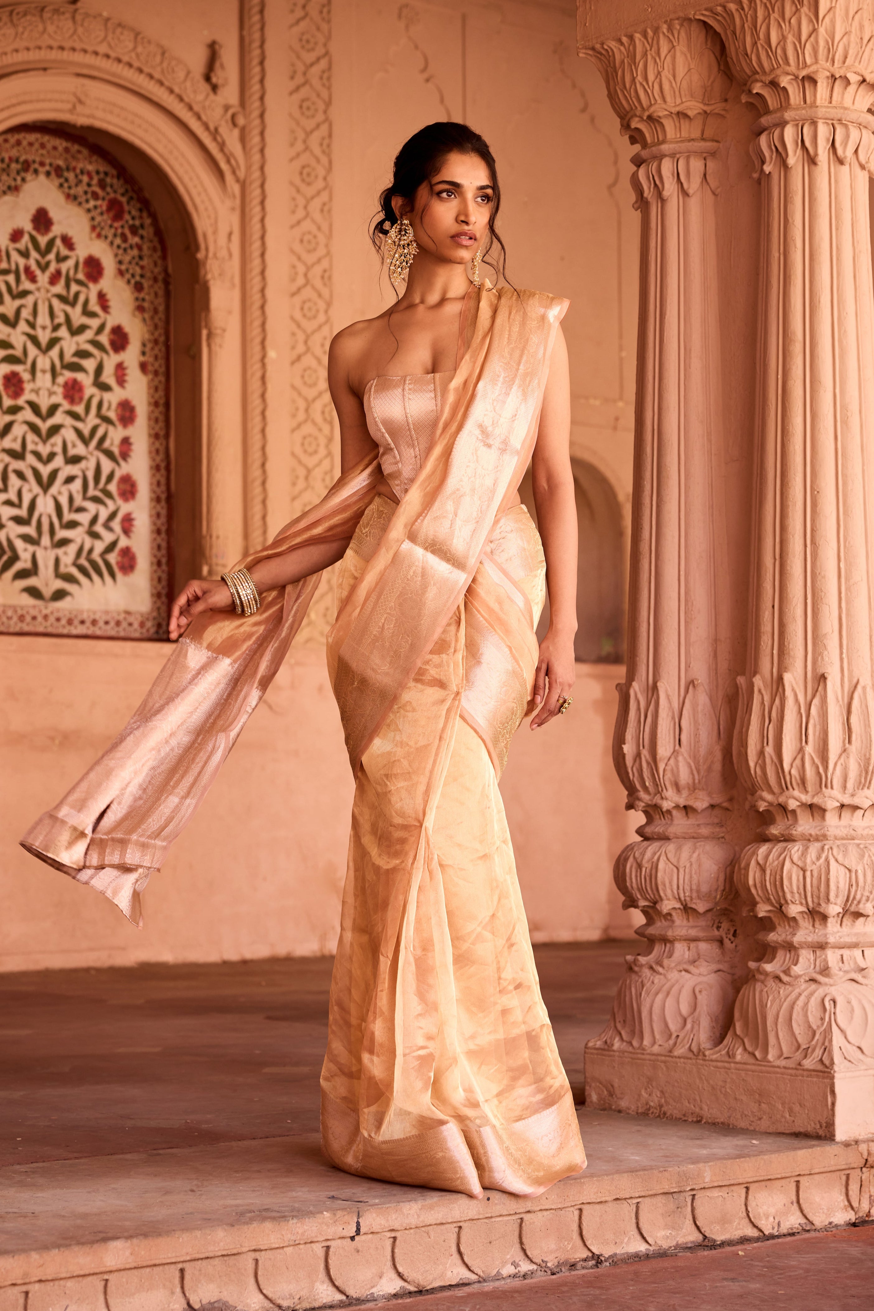 Suhaila Gold Tissue Pre-Draped Saree Set