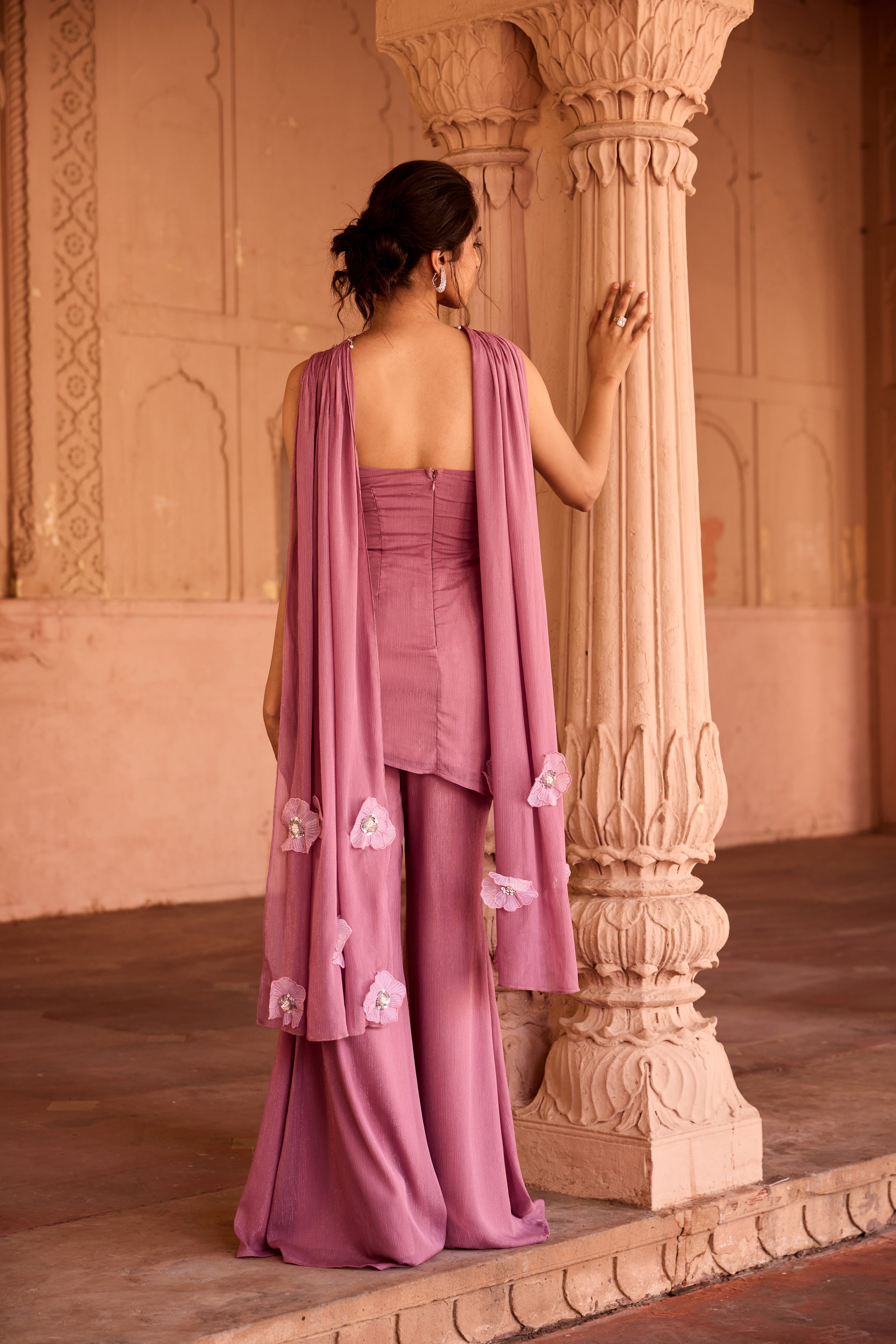 Nakhat Pink 3D Flower Embroidered Sleeveless Sharara Set