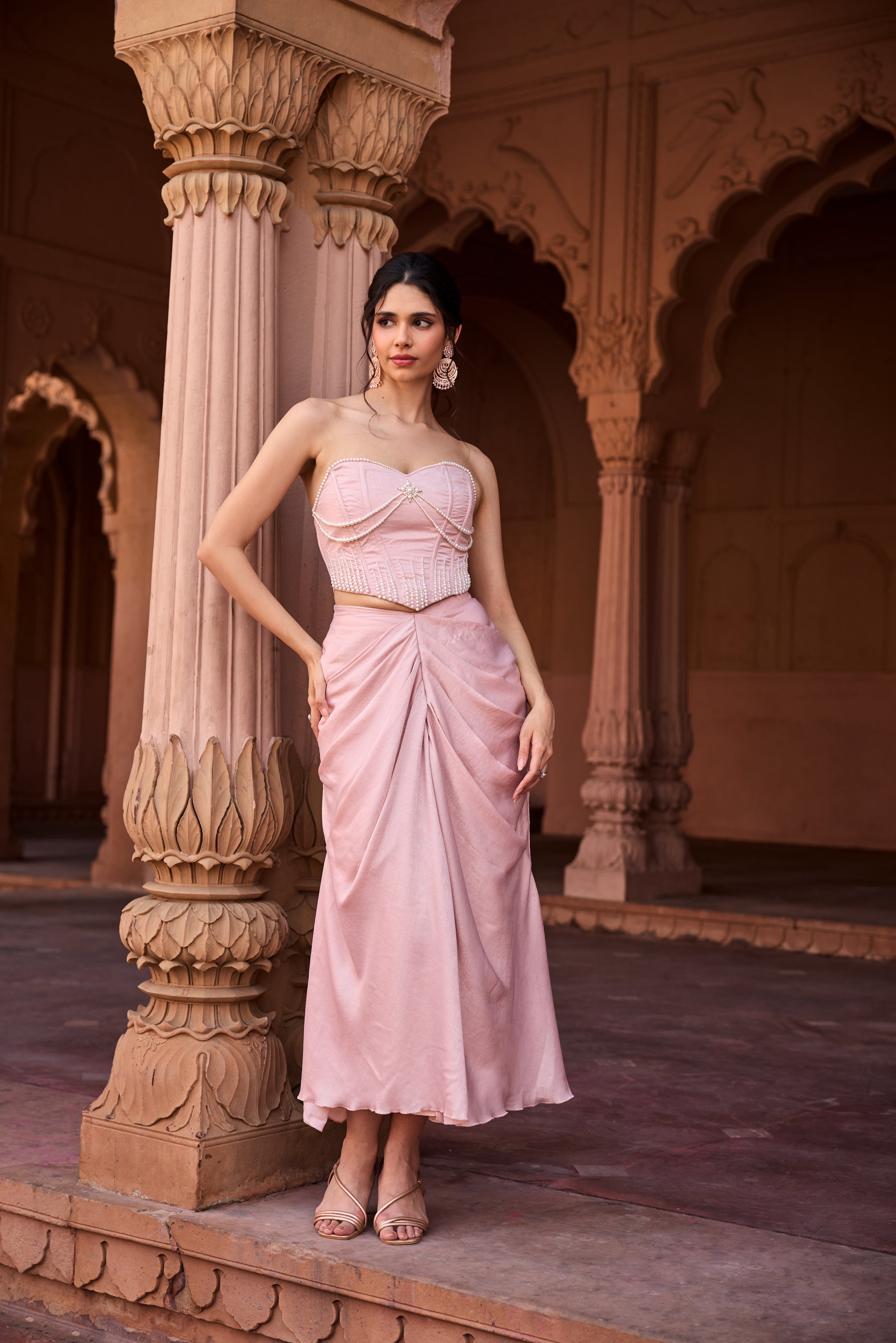 Misha Baby Pink Satin Coord Set with Lavender Embroidered Cape