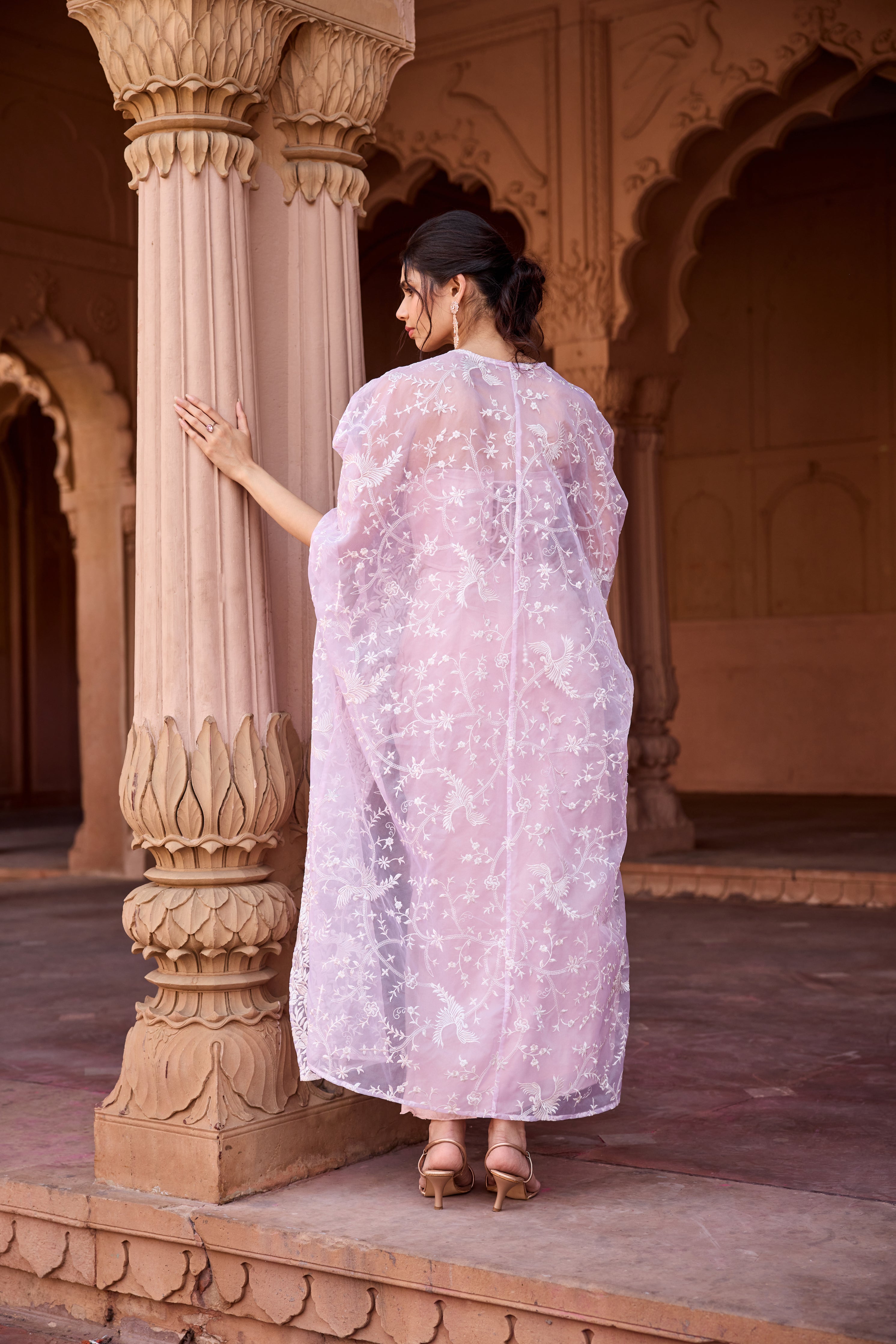 Misha Baby Pink Satin Coord Set with Lavender Embroidered Cape