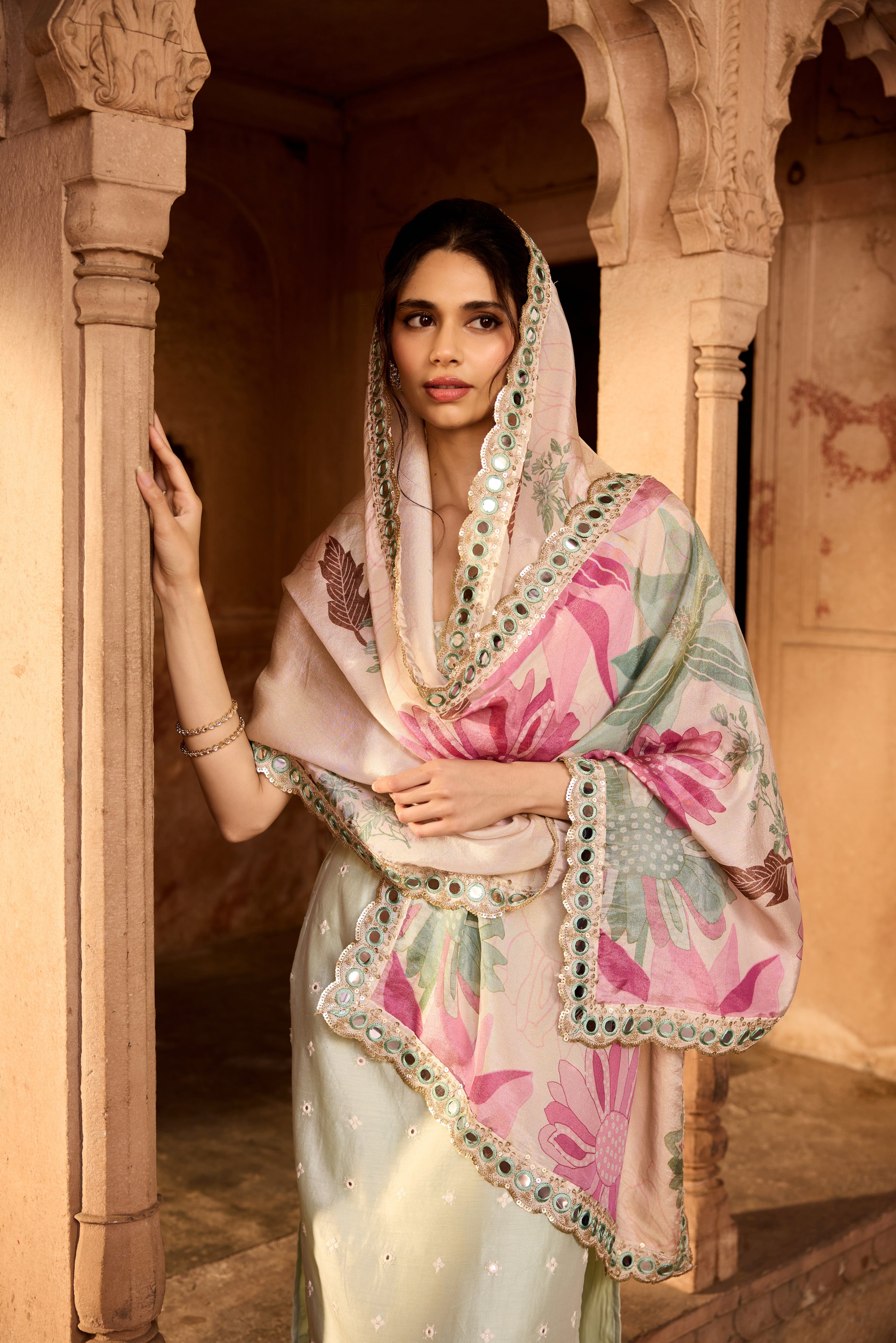 Nusra Sage Green Long Kurta Set