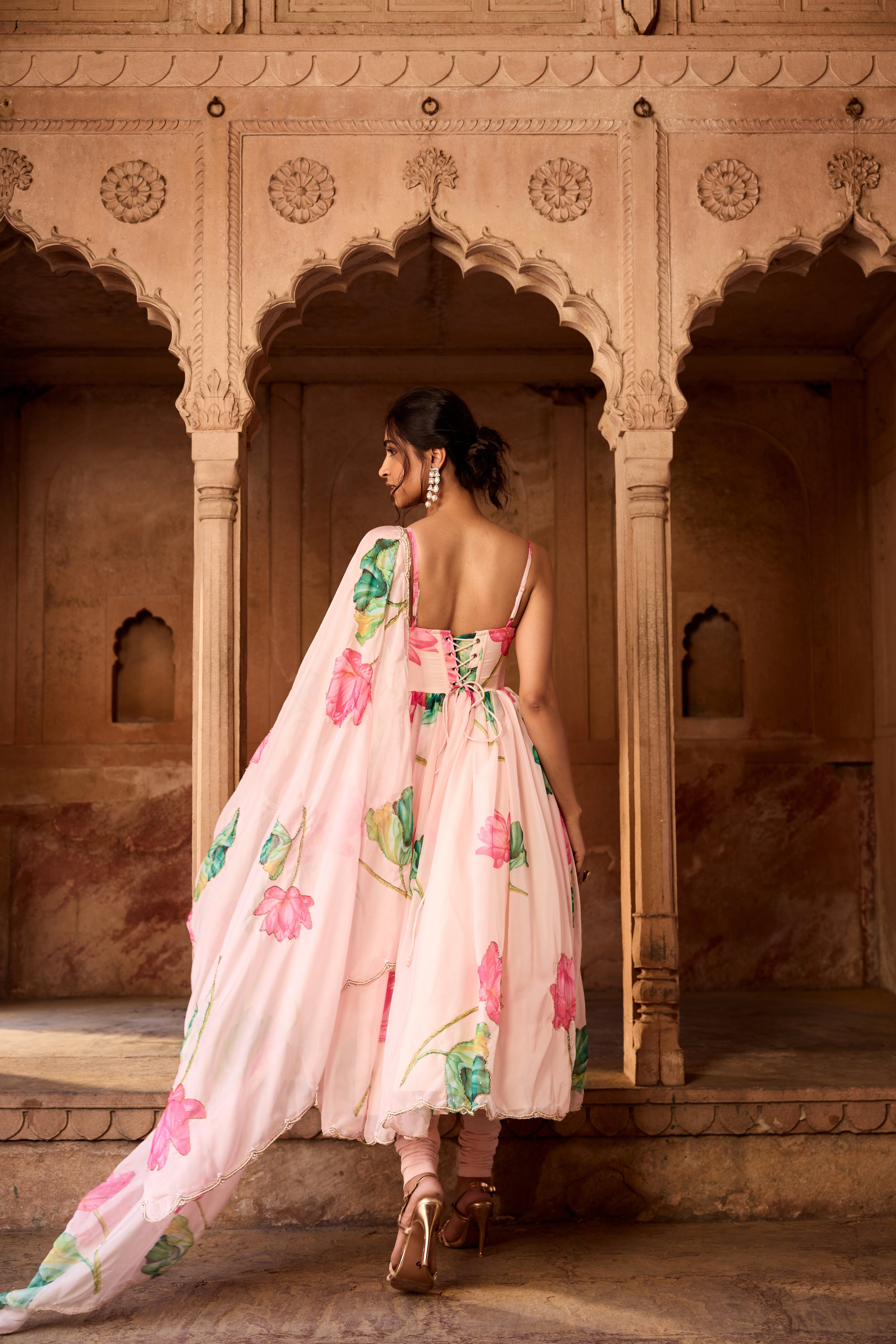 Ziya Pink Floral Printed Corset Anarkali Suit