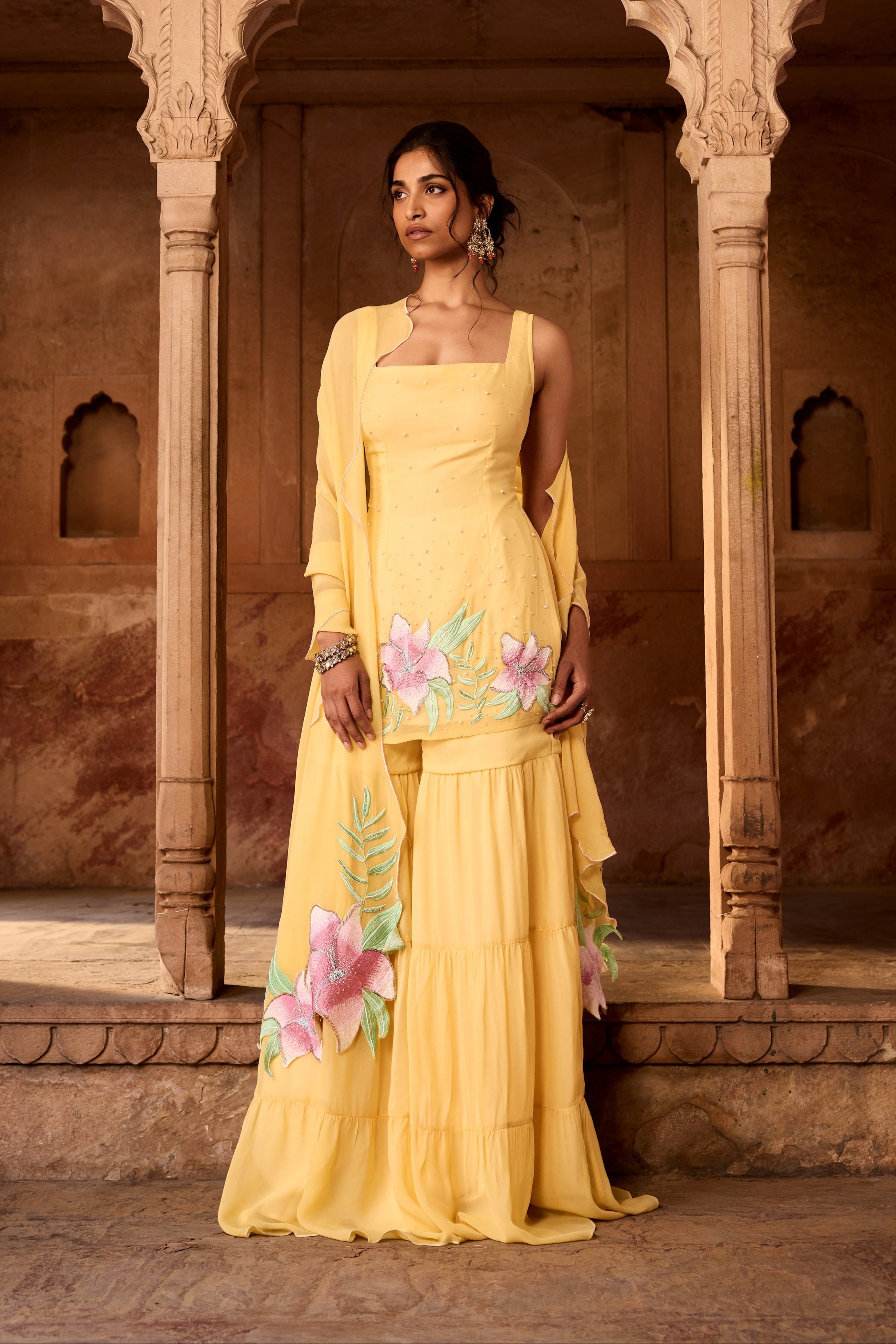 Rehana Yellow Floral Embroidered Sharara Set