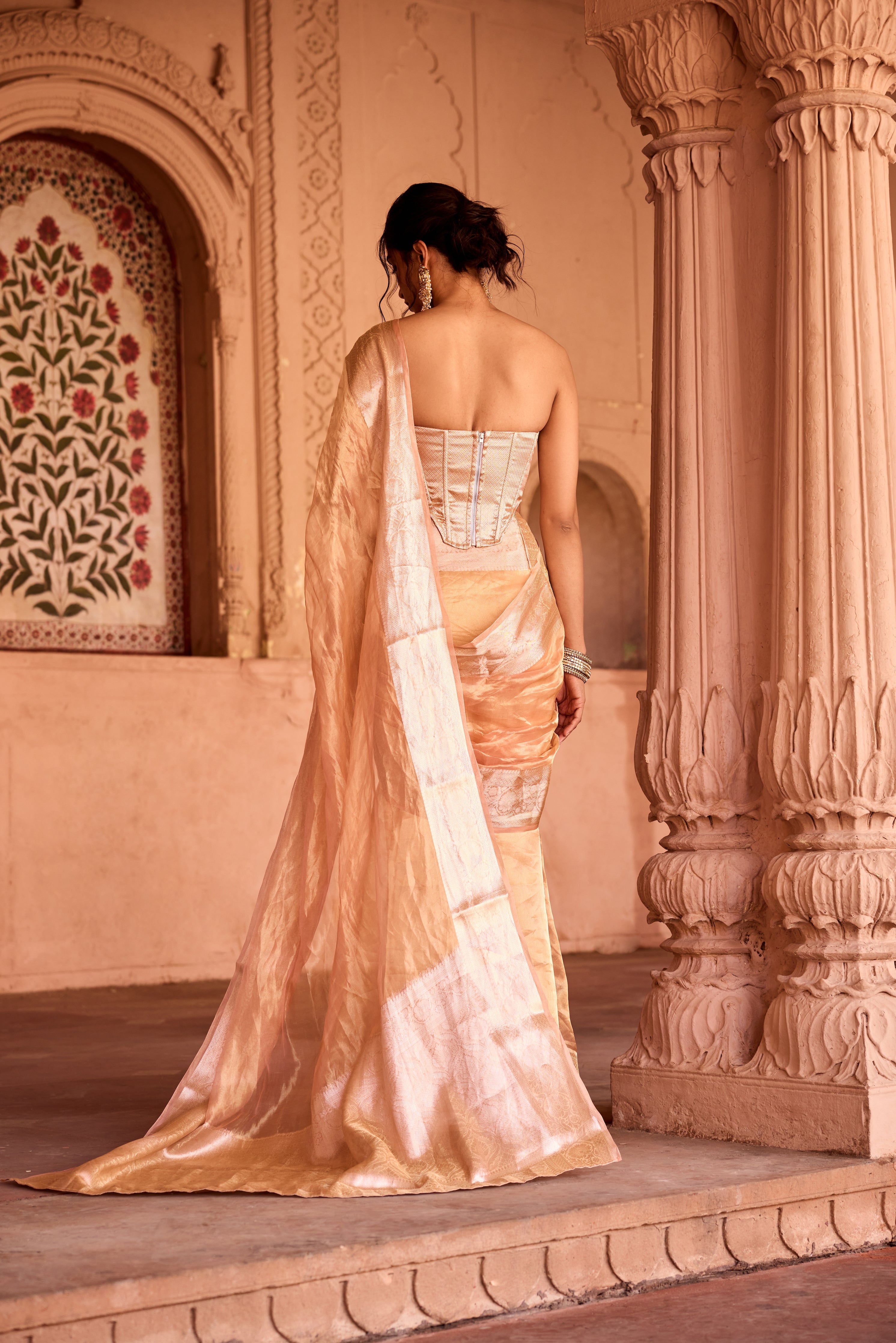 Suhaila Gold Tissue Pre-Draped Saree Set