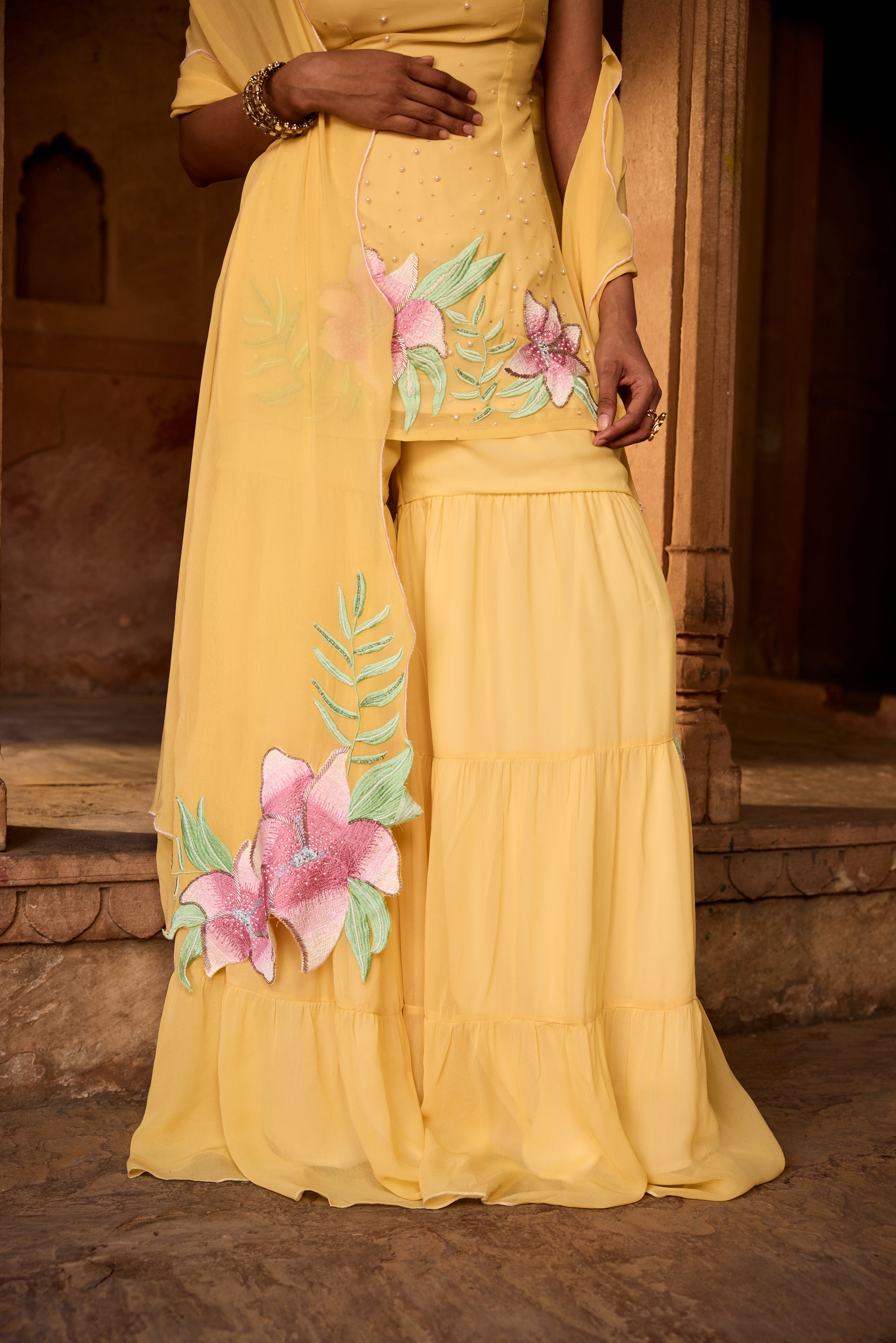 Rehana Yellow Floral Embroidered Sharara Set
