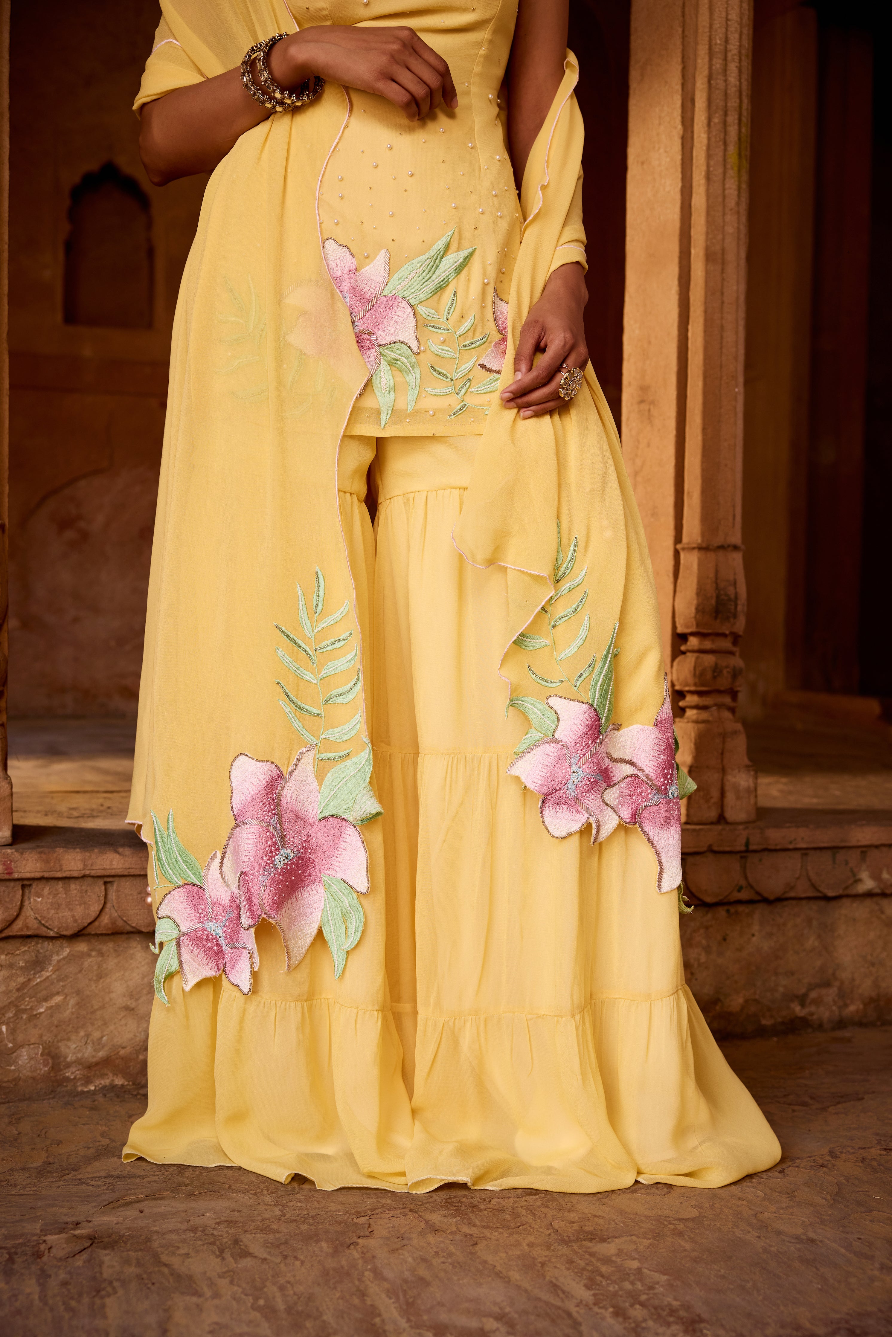 Rehana Yellow Floral Embroidered Sharara Set