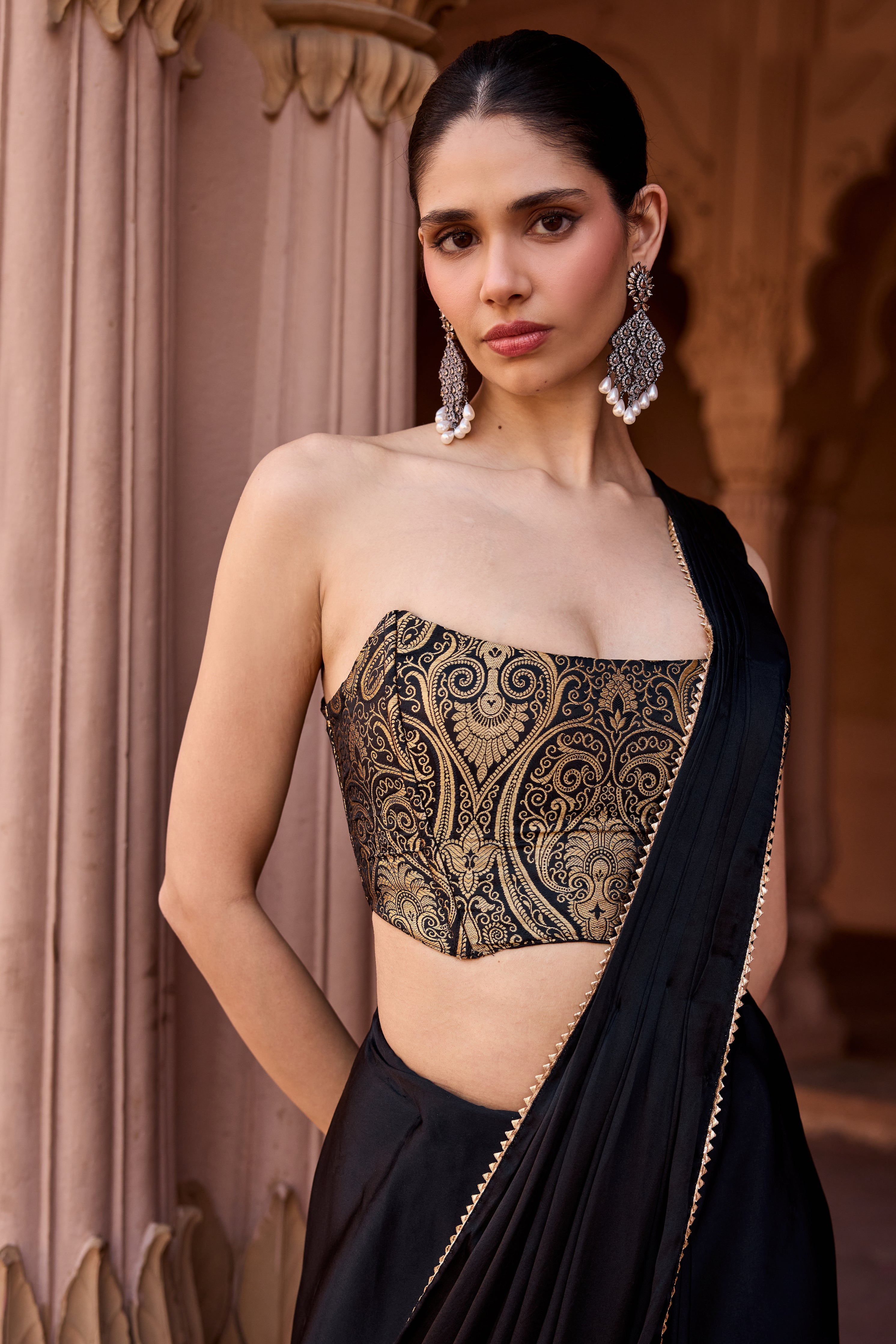 Kanza Black and Gold Pre-Stiched Saree