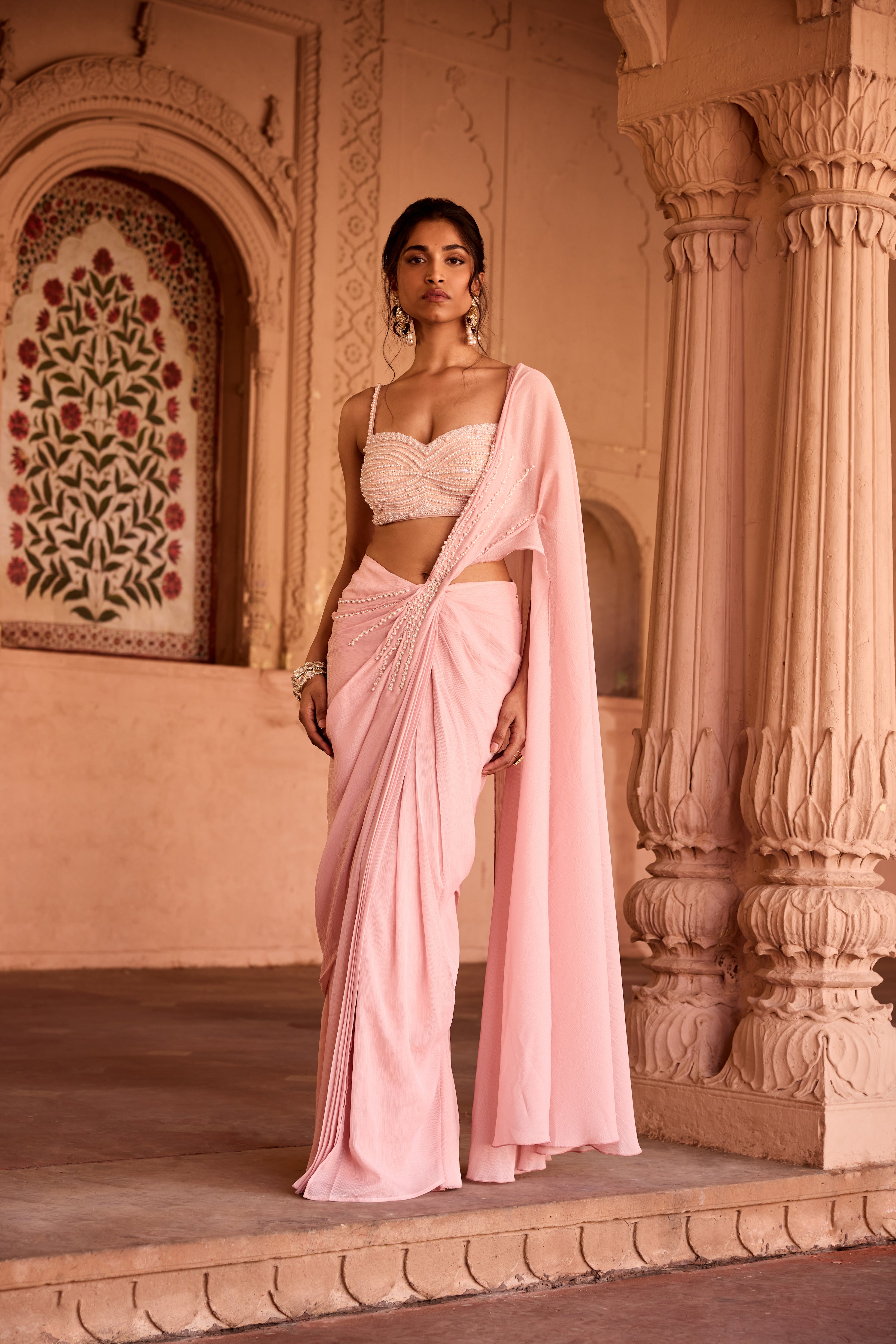 Reshma Baby Pink Satin Pre-Stitched Saree
