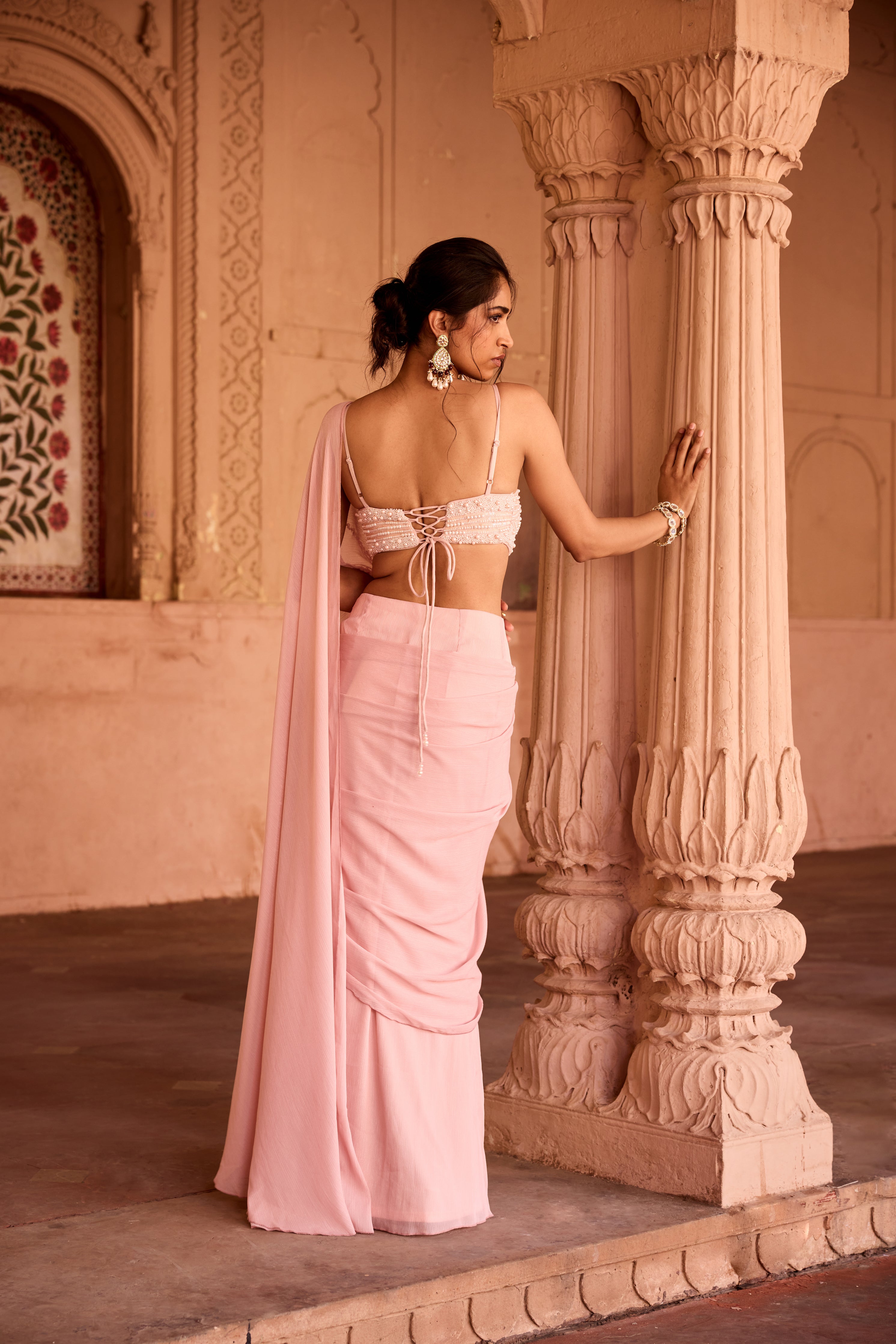 Reshma Baby Pink Satin Pre-Stitched Saree