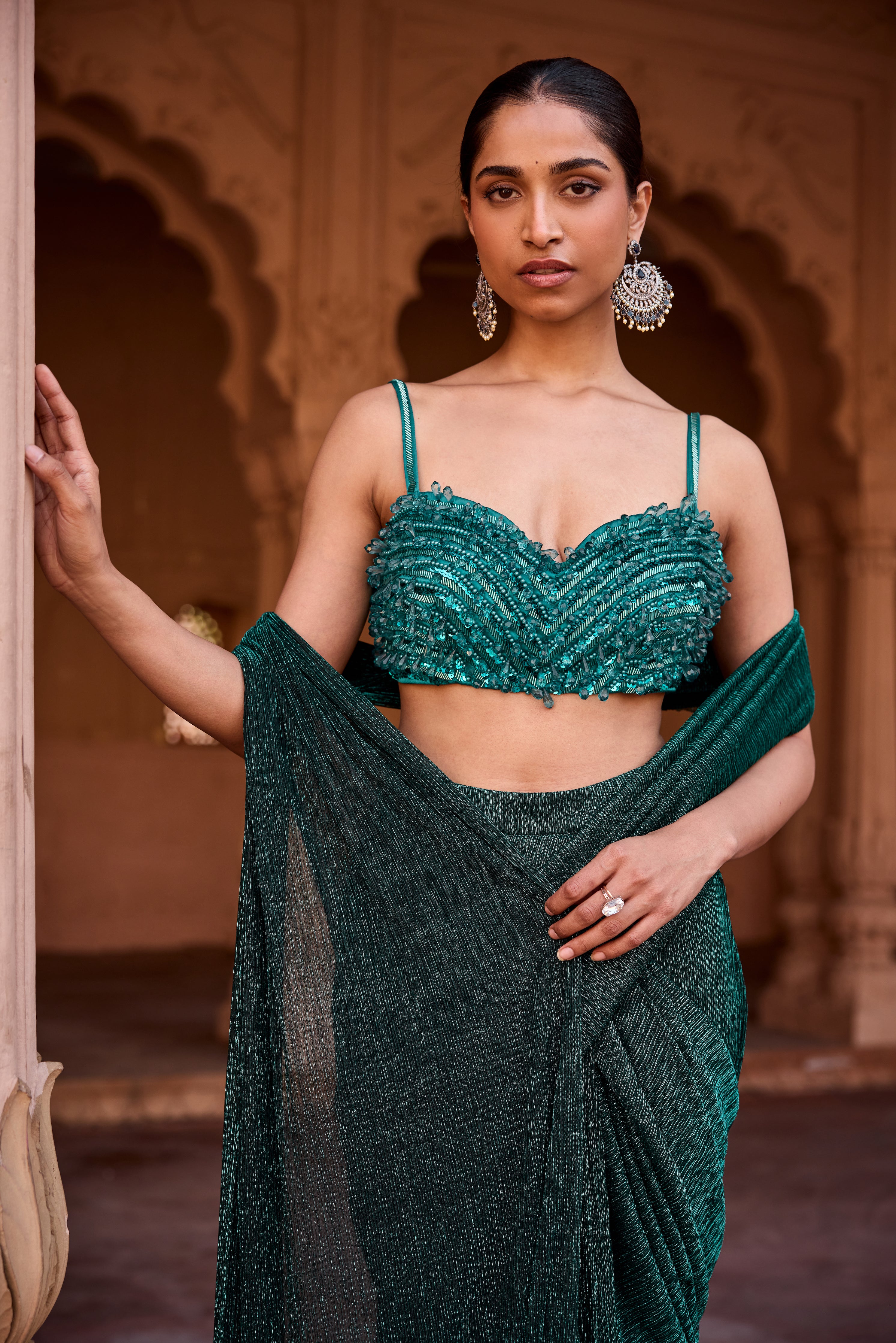 Aazina Emerald Green Pre-Stitched Saree