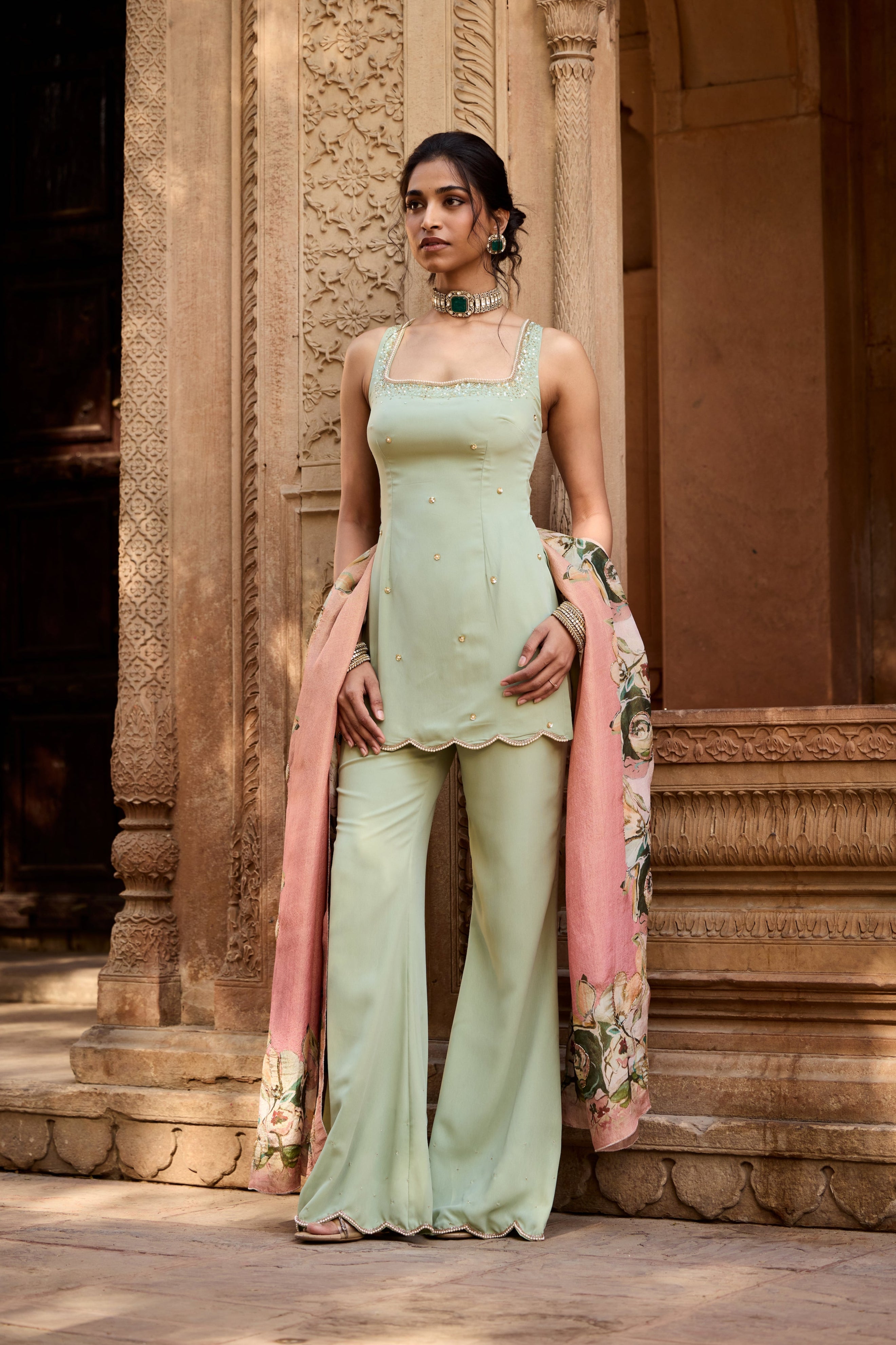 Adara Sage Green Embroidered Sharara Set