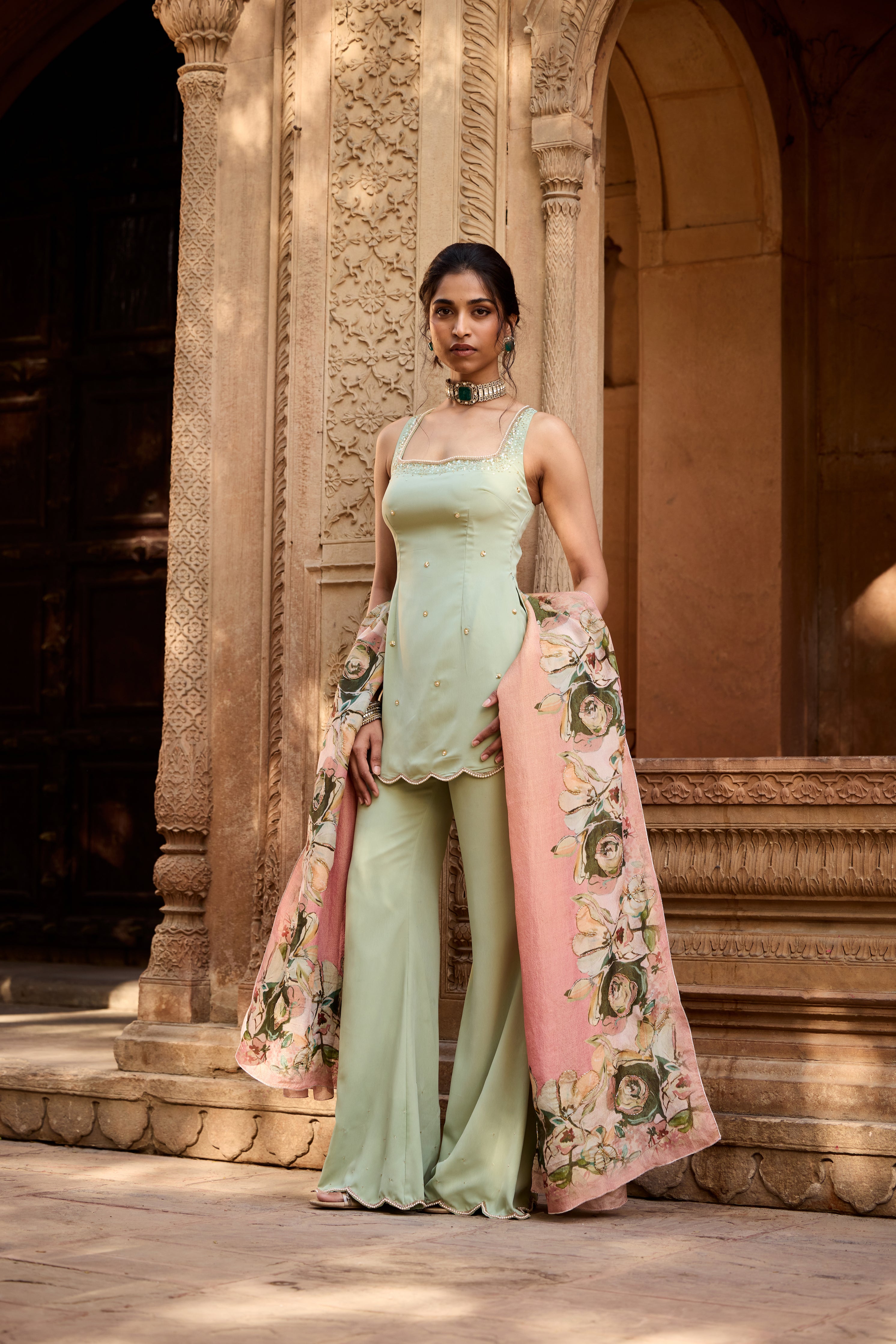 Adara Sage Green Embroidered Sharara Set