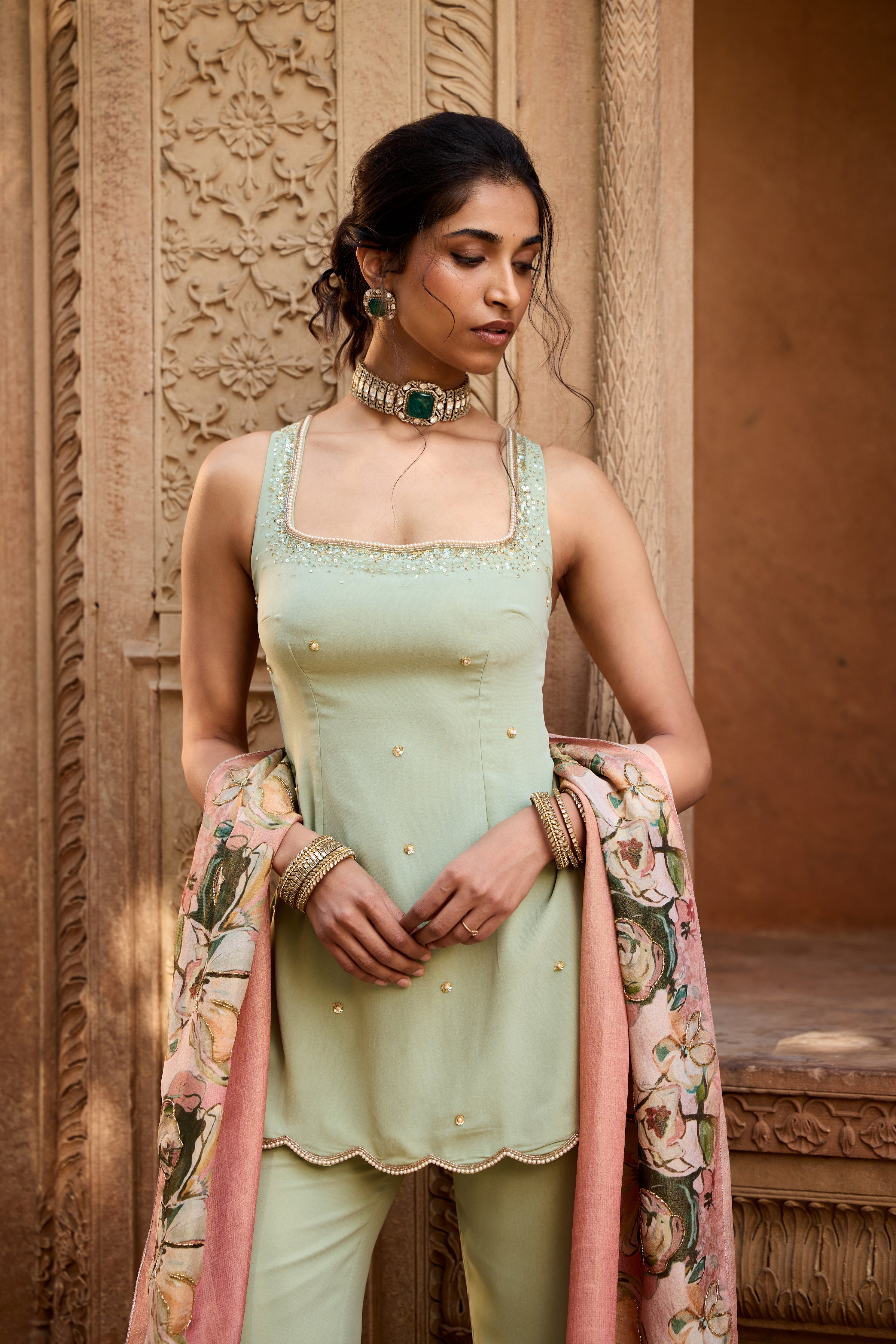 Adara Sage Green Embroidered Sharara Set