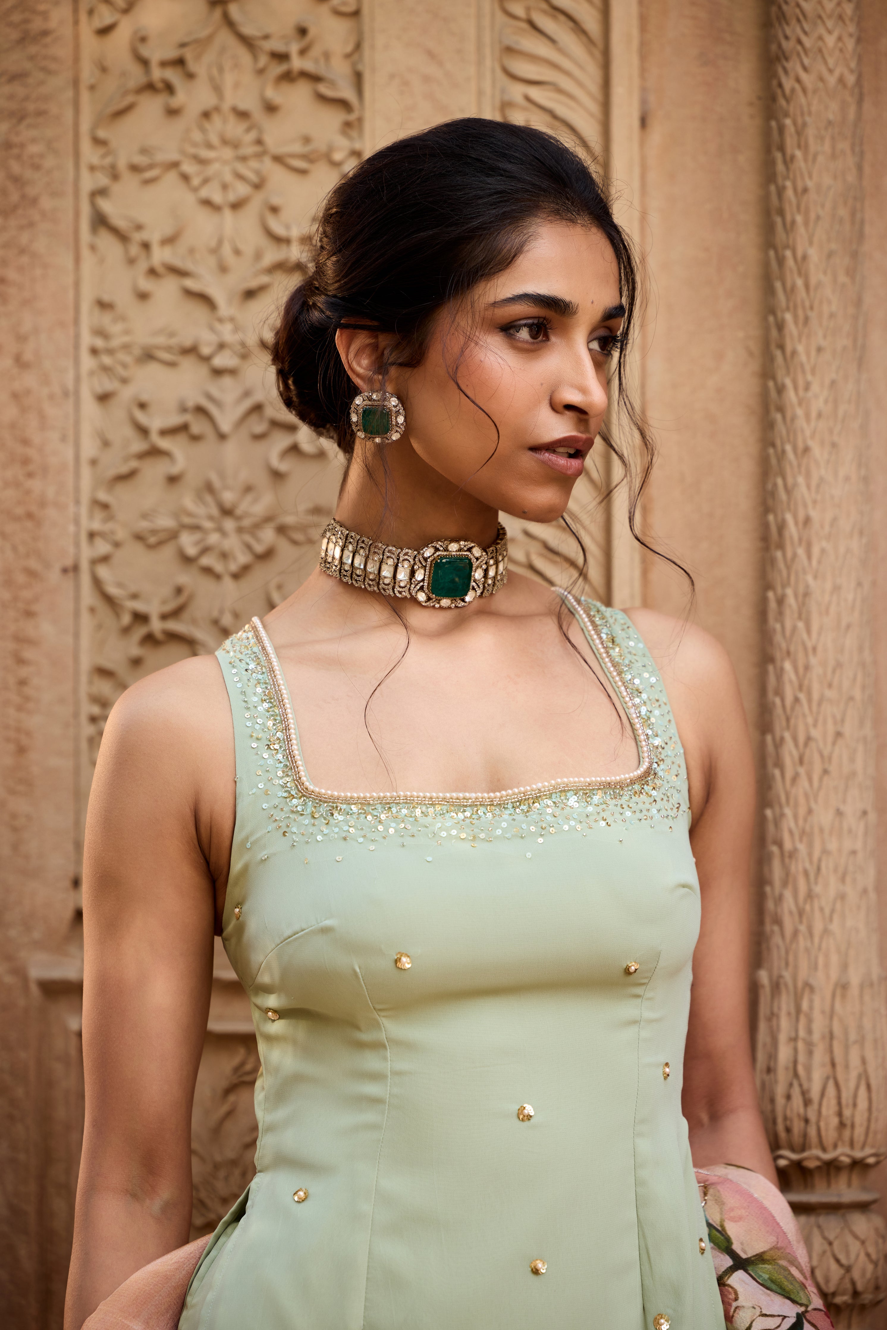 Adara Sage Green Embroidered Sharara Set