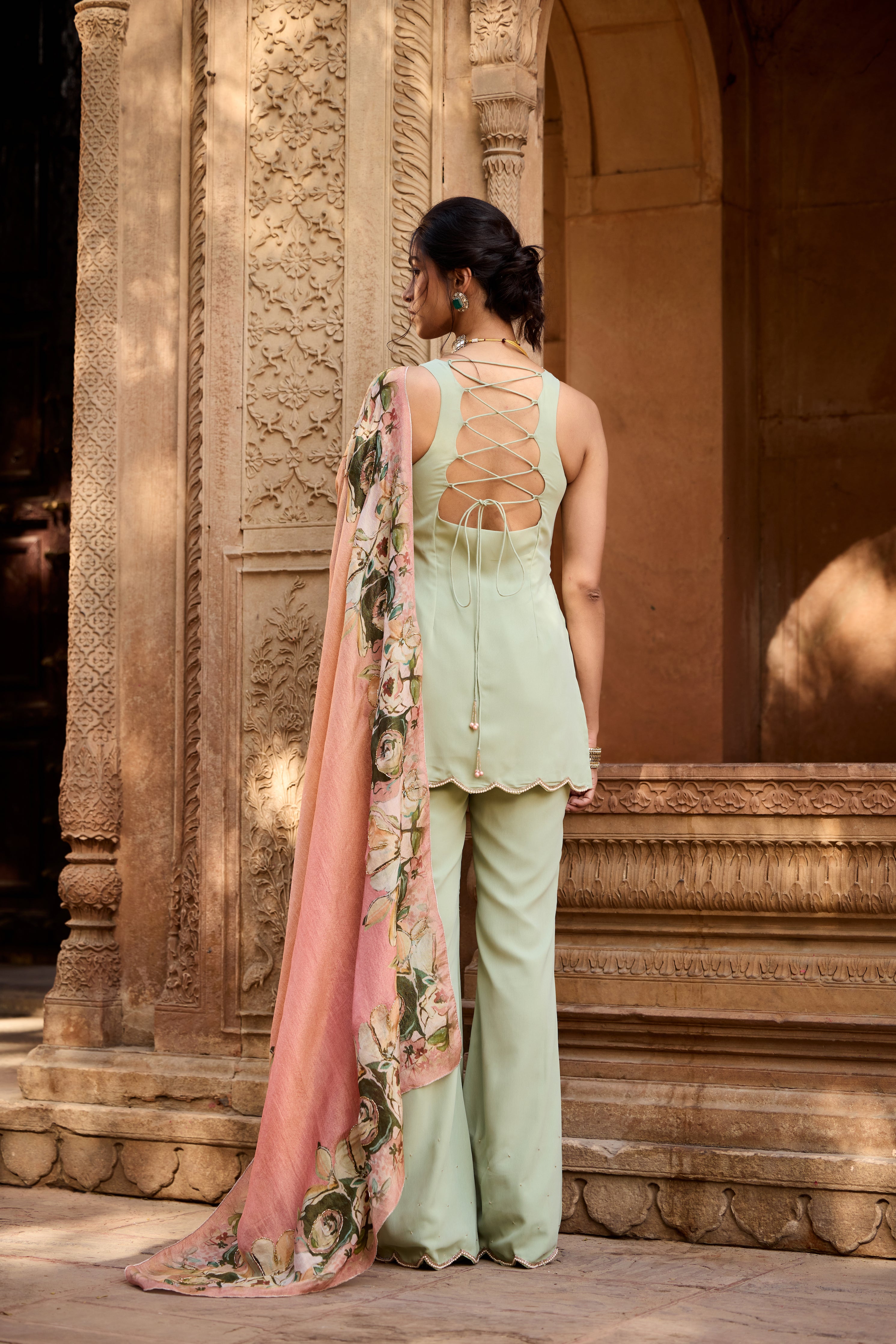 Adara Sage Green Embroidered Sharara Set