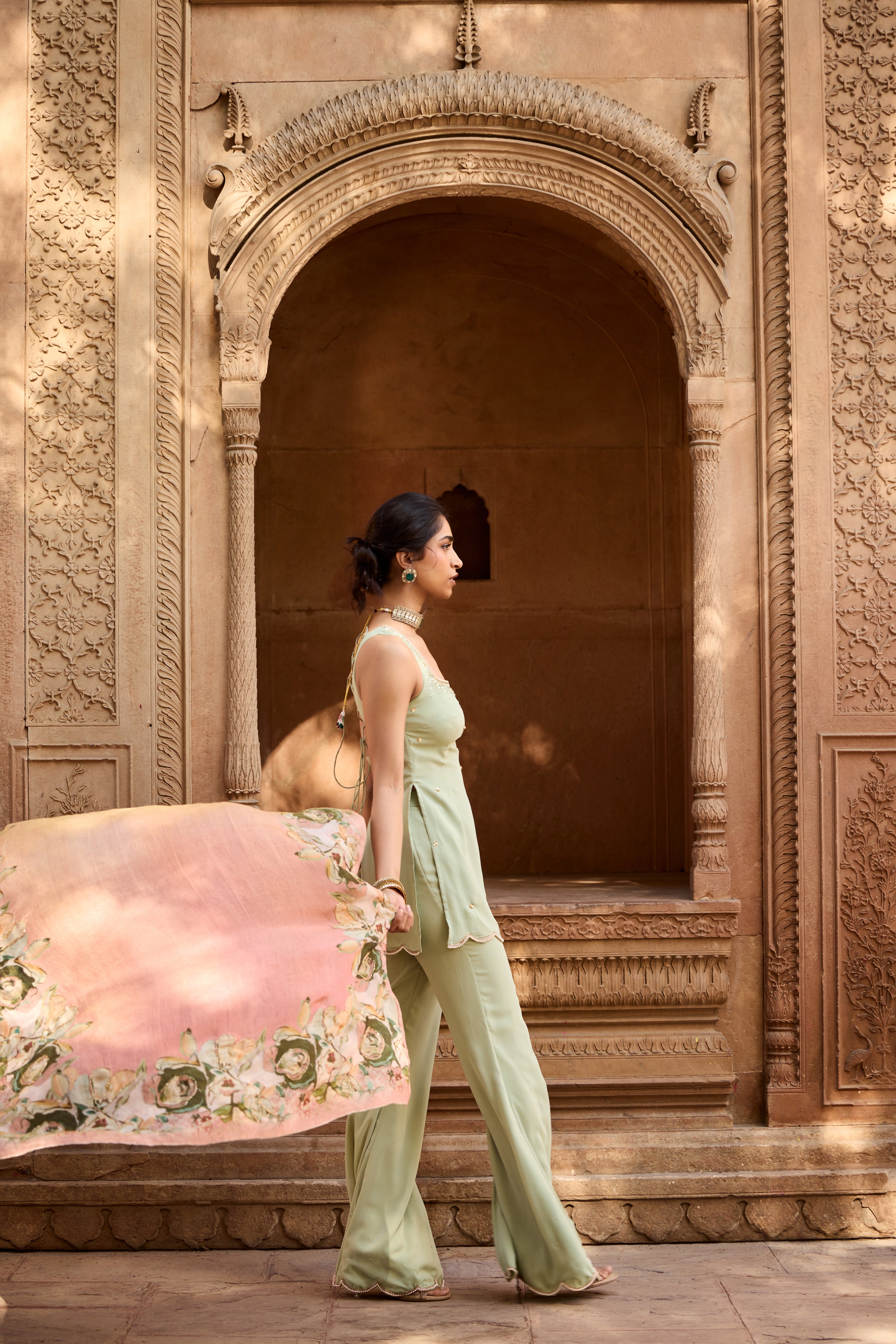 Adara Sage Green Embroidered Sharara Set