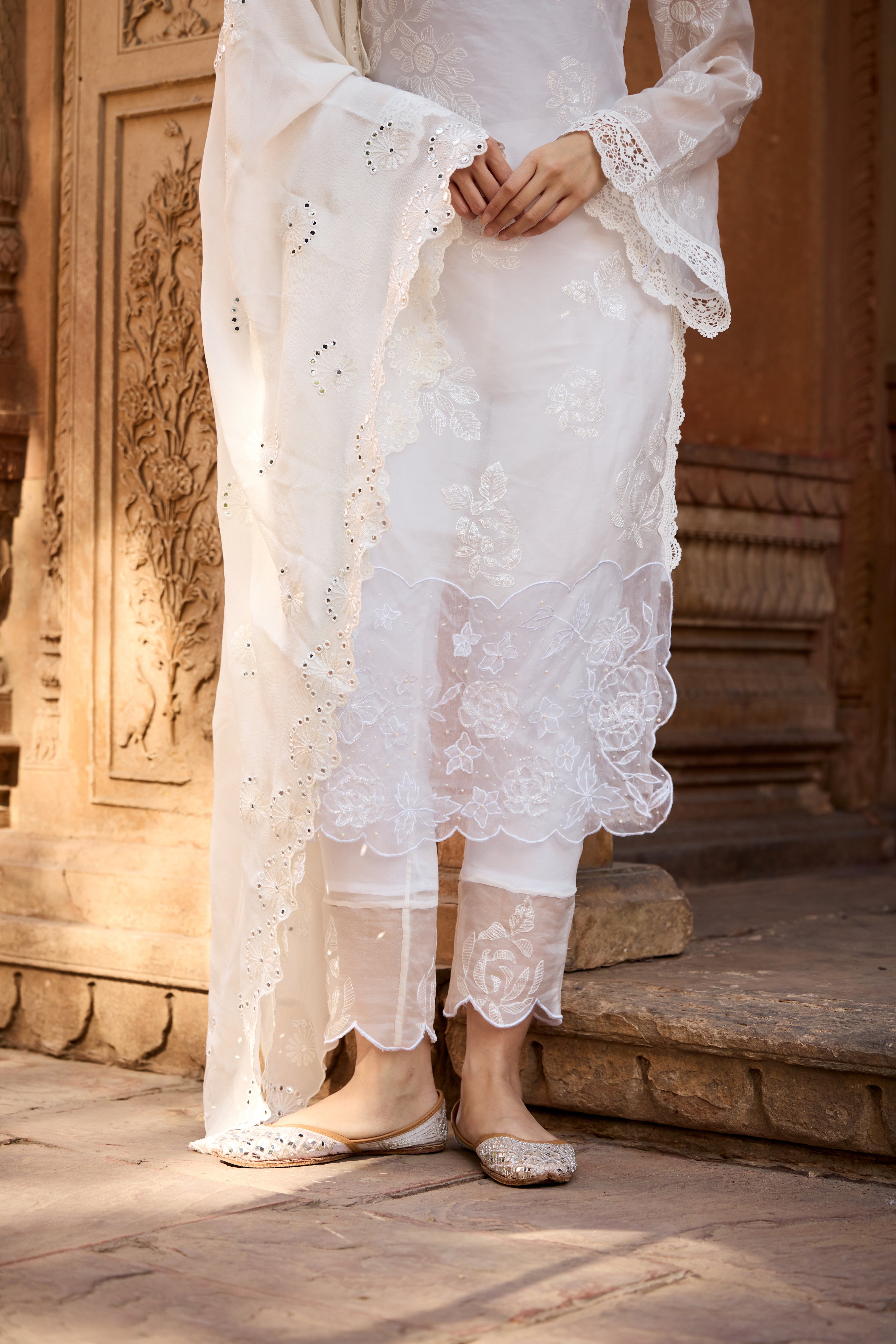 Qadira White Organza Floral Kurta Set