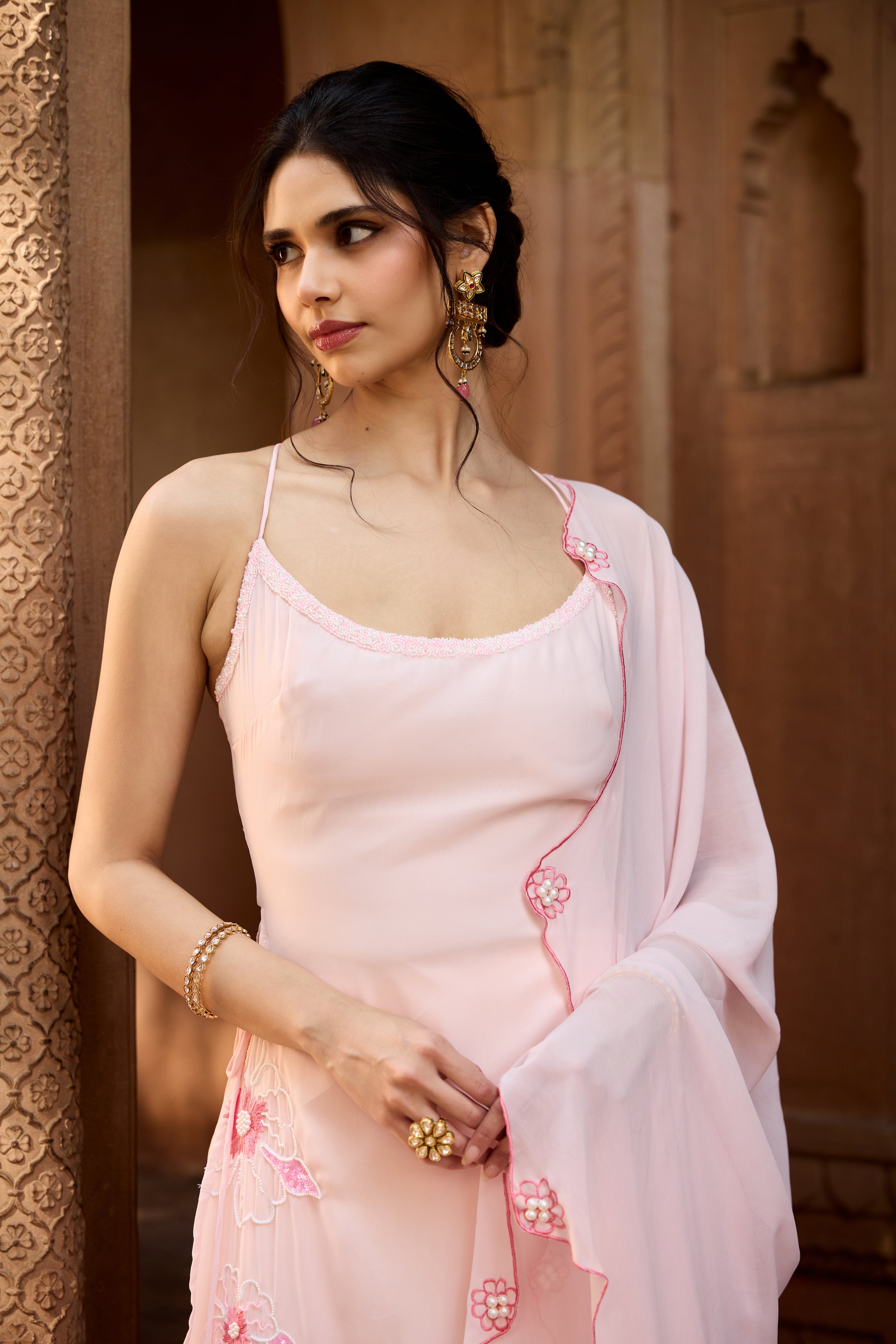 Raaya Baby Pink Hand-Embroidered Sleeveless Kurta Set