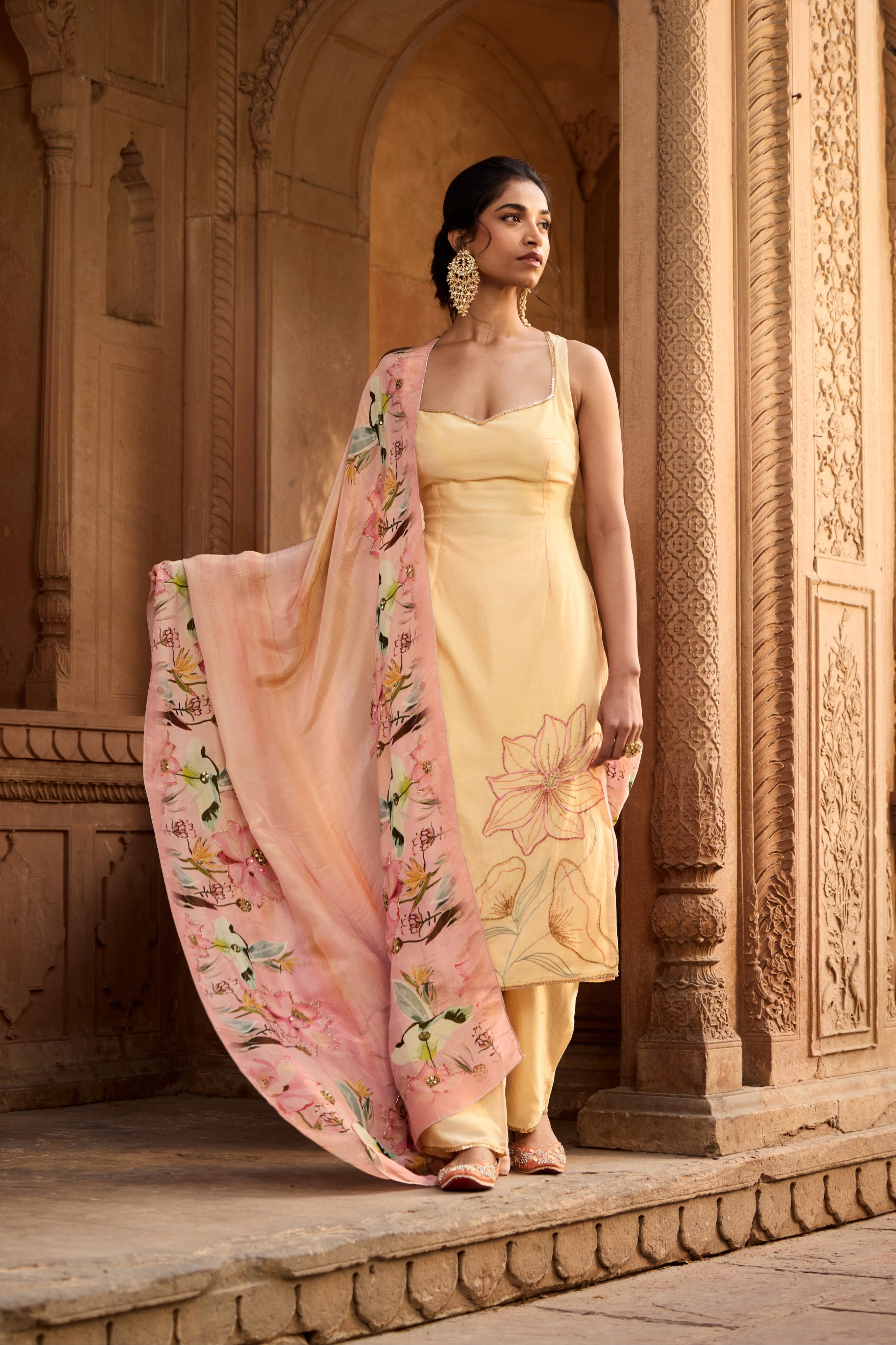 Shahida Yellow+Blush Chanderi Kurta Set