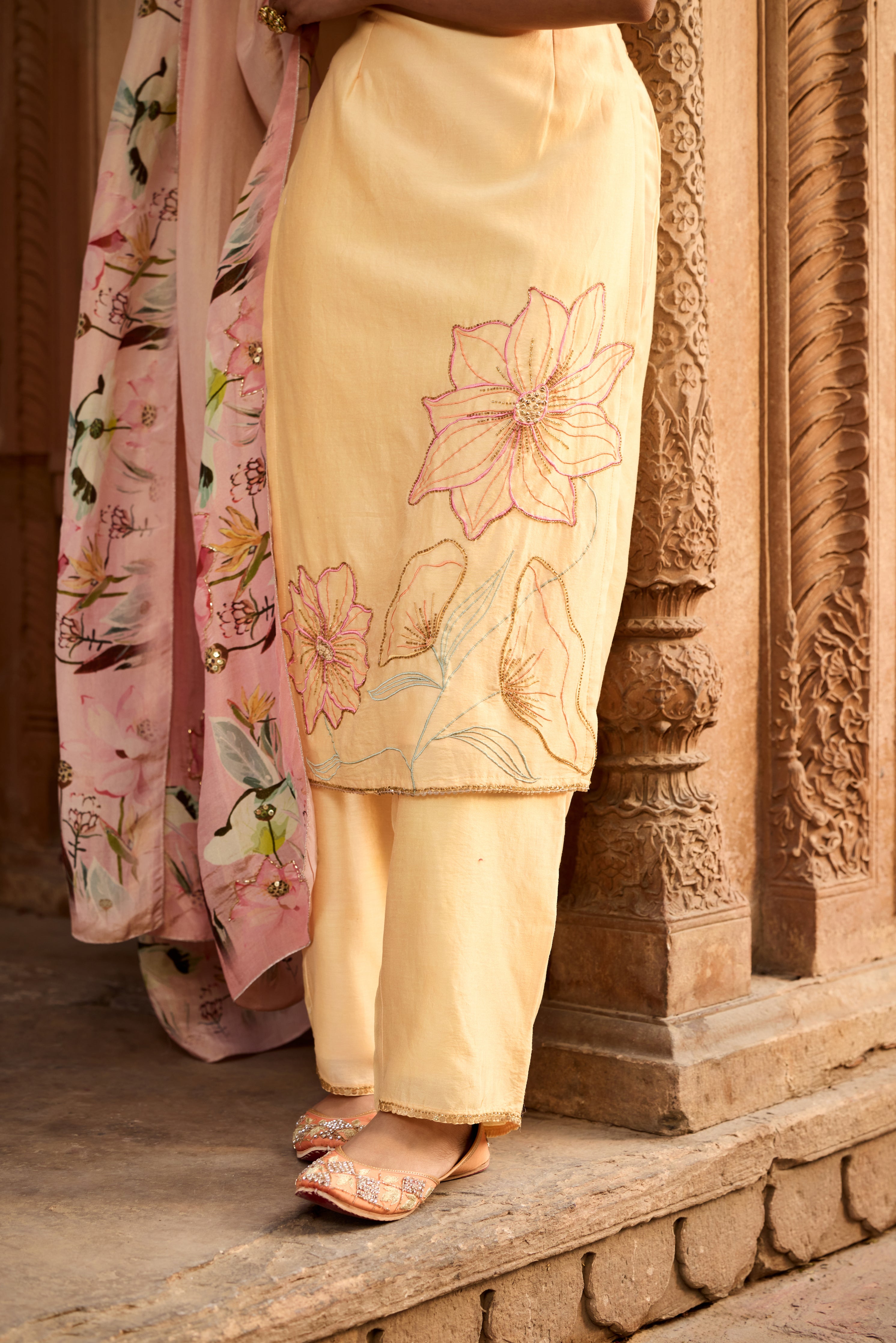 Shahida Yellow+Blush Chanderi Kurta Set