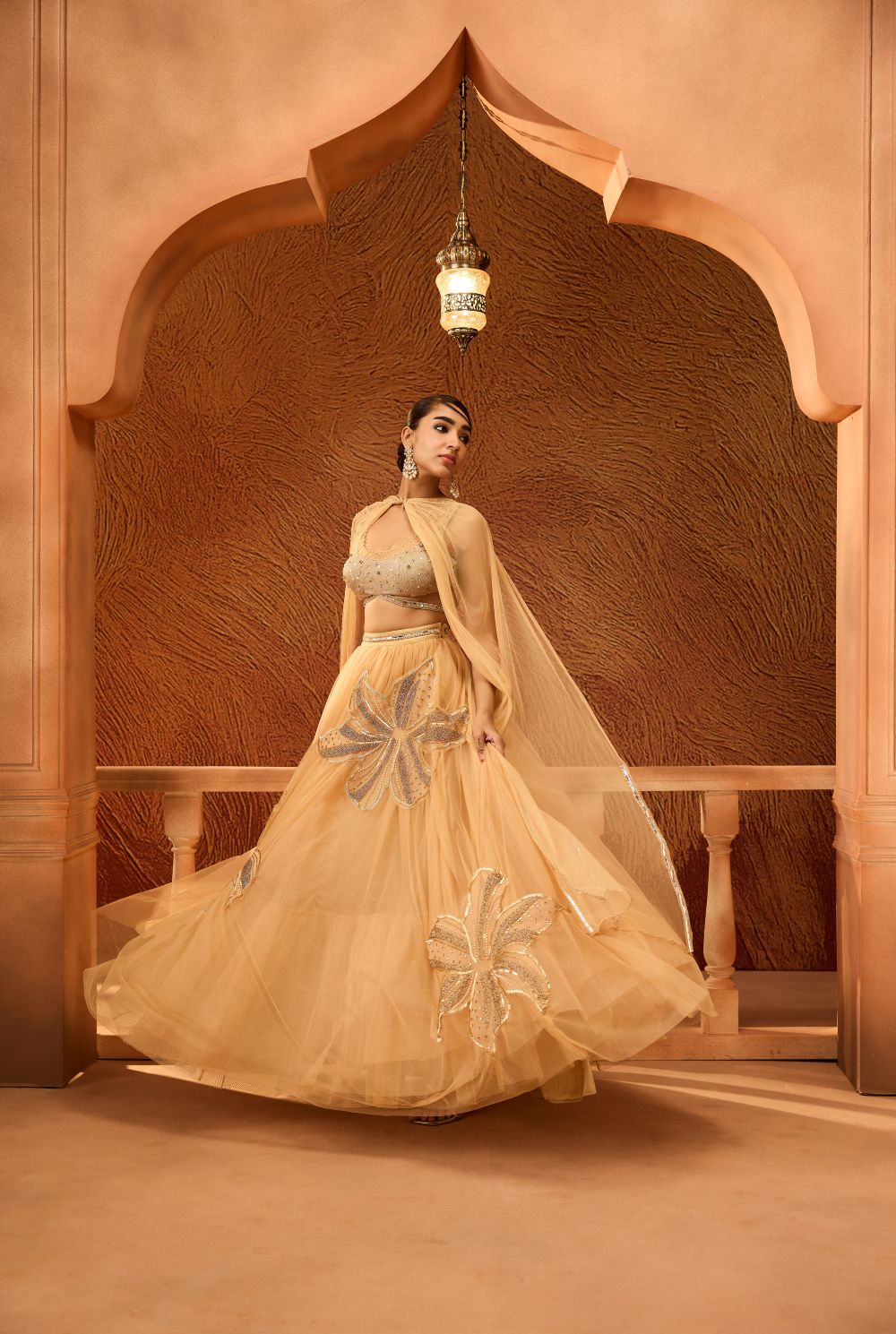 Aavani Gold Floral Embroidered Lehenga with Twisted Dupatta