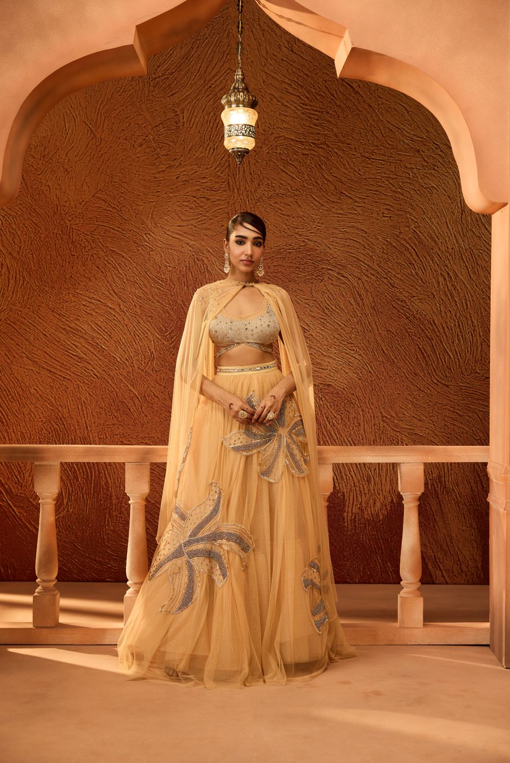 Aavani Gold Floral Embroidered Lehenga with Twisted Dupatta