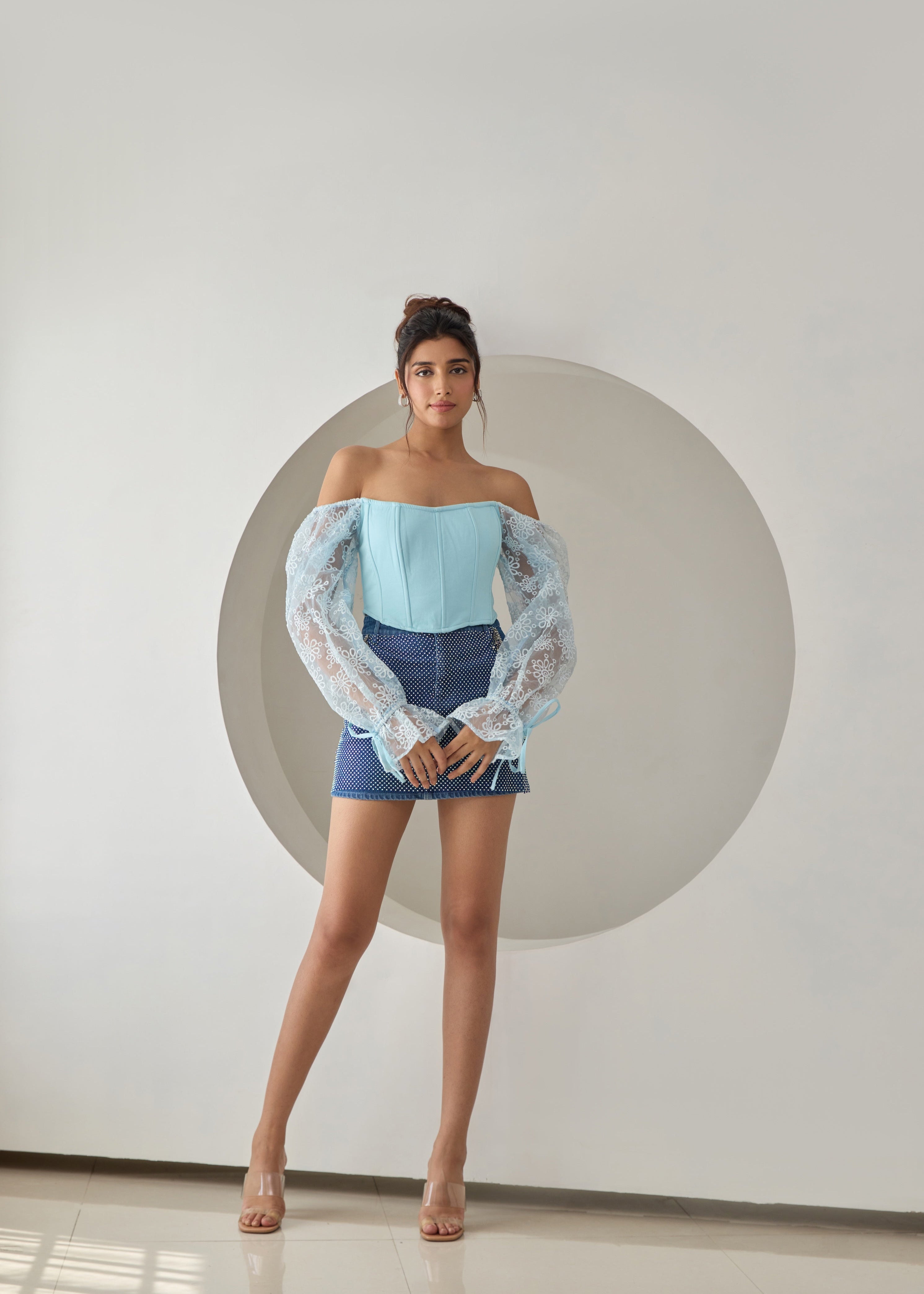 A baby blue corset top with embroidered details and organza sleeves.