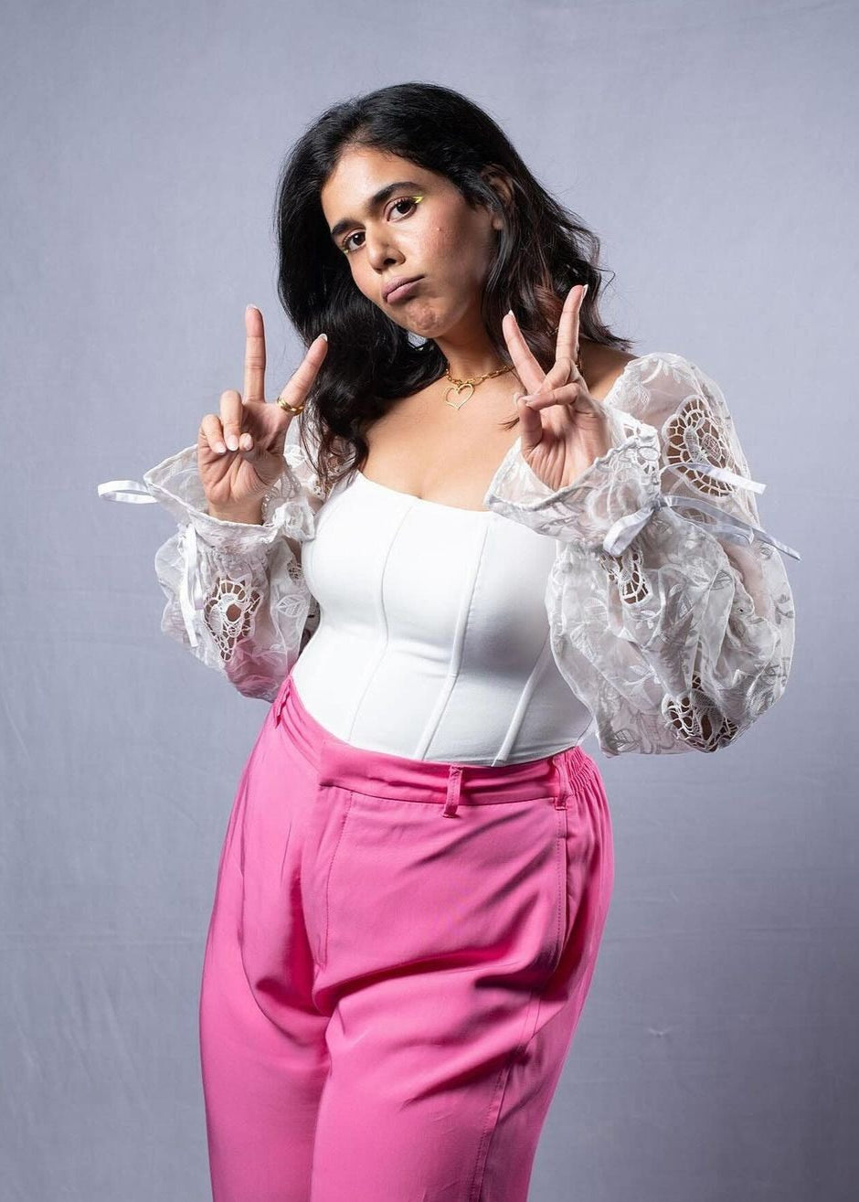 Sasha Embroidered Organza Sleeve Corset Top with delicate embroidery and sheer organza sleeves