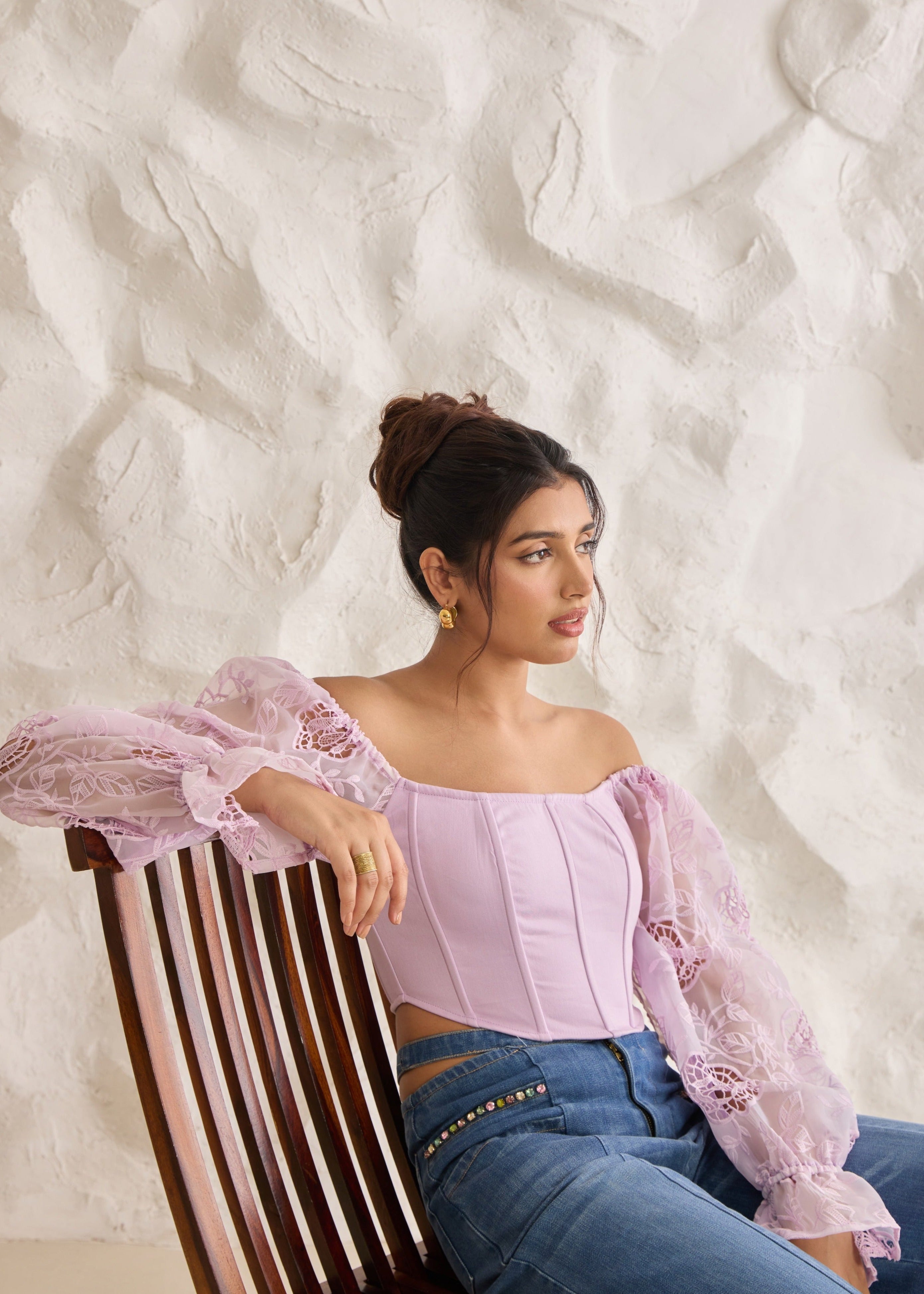 Sasha Lavender Embroidered Organza Sleeve Corset Top with intricate floral embroidery and sheer puff sleeves