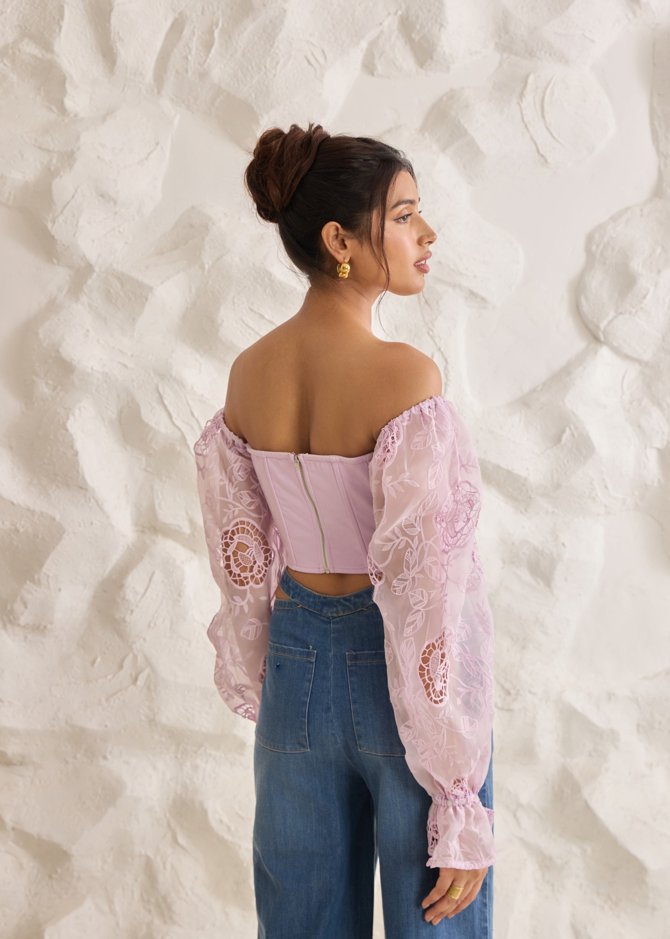 Sasha Lavender Embroidered Organza Sleeve Corset Top with intricate floral embroidery and sheer puff sleeves