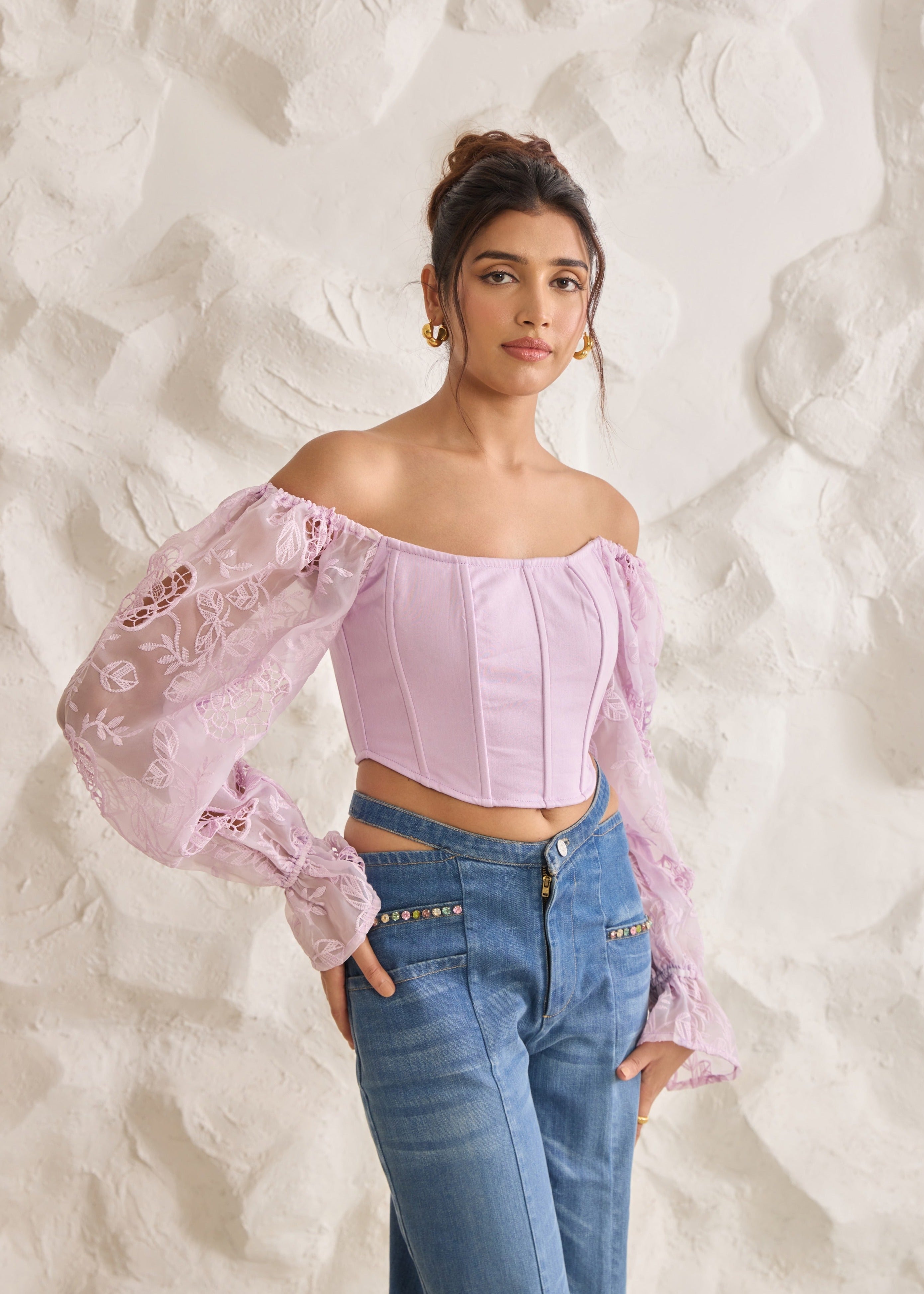 Sasha Lavender Embroidered Organza Sleeve Corset Top with intricate floral embroidery and sheer puff sleeves